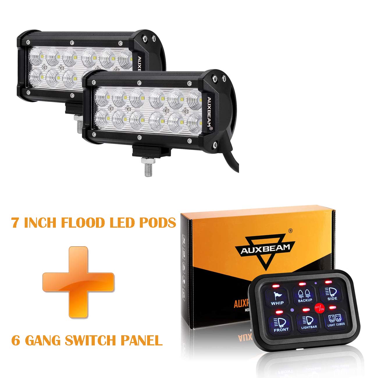Auxbeam 7 Inch LED Pod Lights (2 Pack) with 6 Gang Switch Panel - Blue Off-Road Lighting for Trucks, Jeeps, ATVs & UTVs - Perfect for Night Driving, Camping & Outdoor Adventures