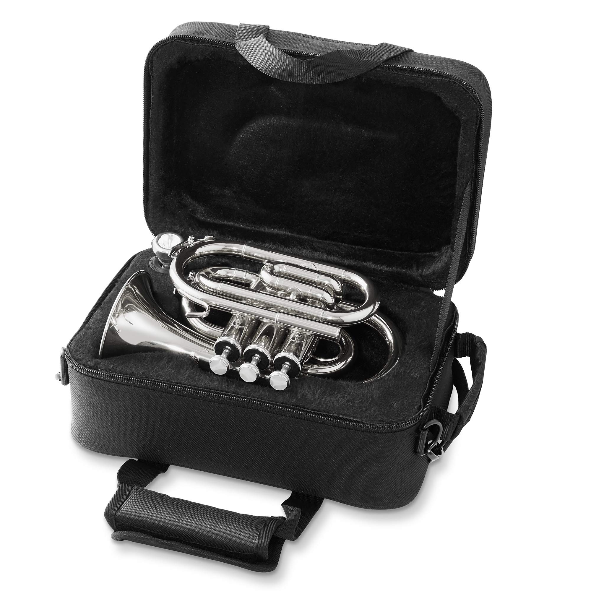 Ashthorpe Bb Brass Pocket Trumpet with Nickel Plated Finish - Professional Compact Trumpet with Case, Mouthpiece, Gloves & Cleaning Kit - Perfect for Travel, Practice & Student Performances