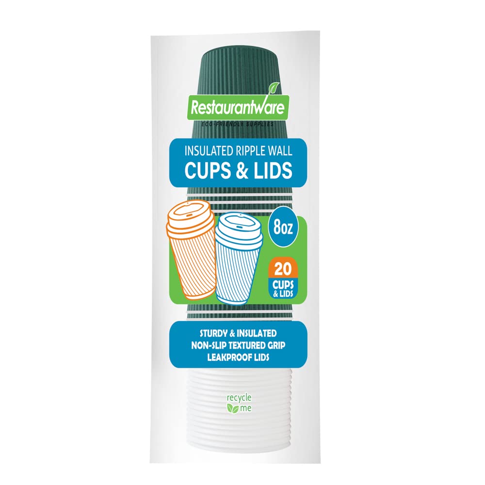 8oz Insulated Coffee Cups with Lids - 20 Pack Leakproof Ripple Wall Hot Cups | Eco-Friendly Disposable Paper Cups for Coffee, Tea, Hot Cocoa & Lattes | Perfect for Cafes, Offices & Home Use