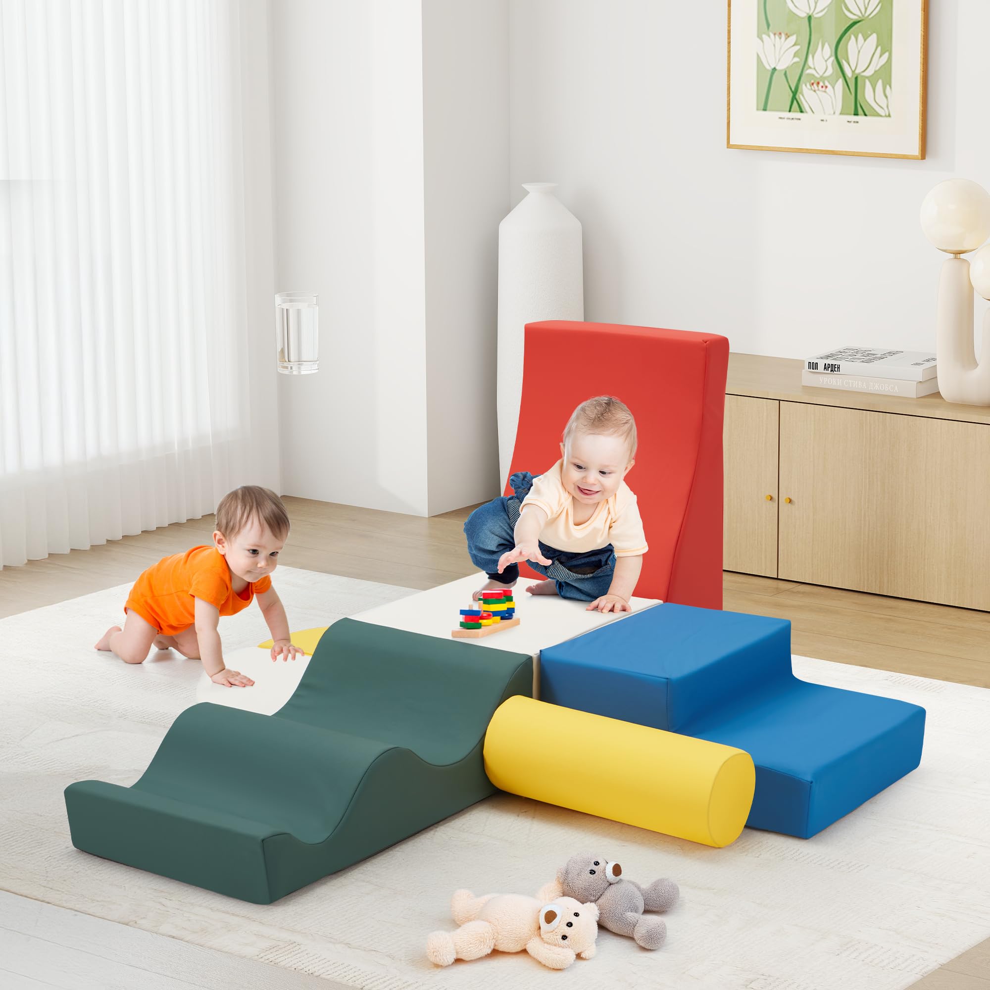 7-Piece Soft Foam Climbing Blocks for Toddlers - Non-Slip PU Leather Baby Play Gym with Velcro | Safe Indoor Activity Toys for Crawling, Climbing & Early Childhood Development | Perfect for Playrooms, Daycares & Home Learning Spaces