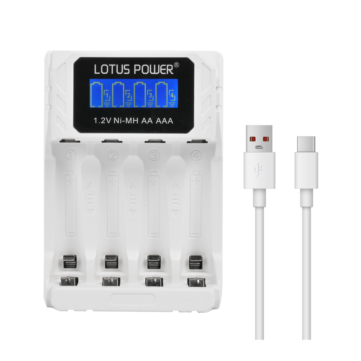 LOTUS POWER Universal 4 Slot AA/AAA Battery Charger with LCD Display & 4 Pack 1.2V Ni-MH Rechargeable Batteries - Fast Charging for Cameras, Game Controllers, Toys, and Electronics