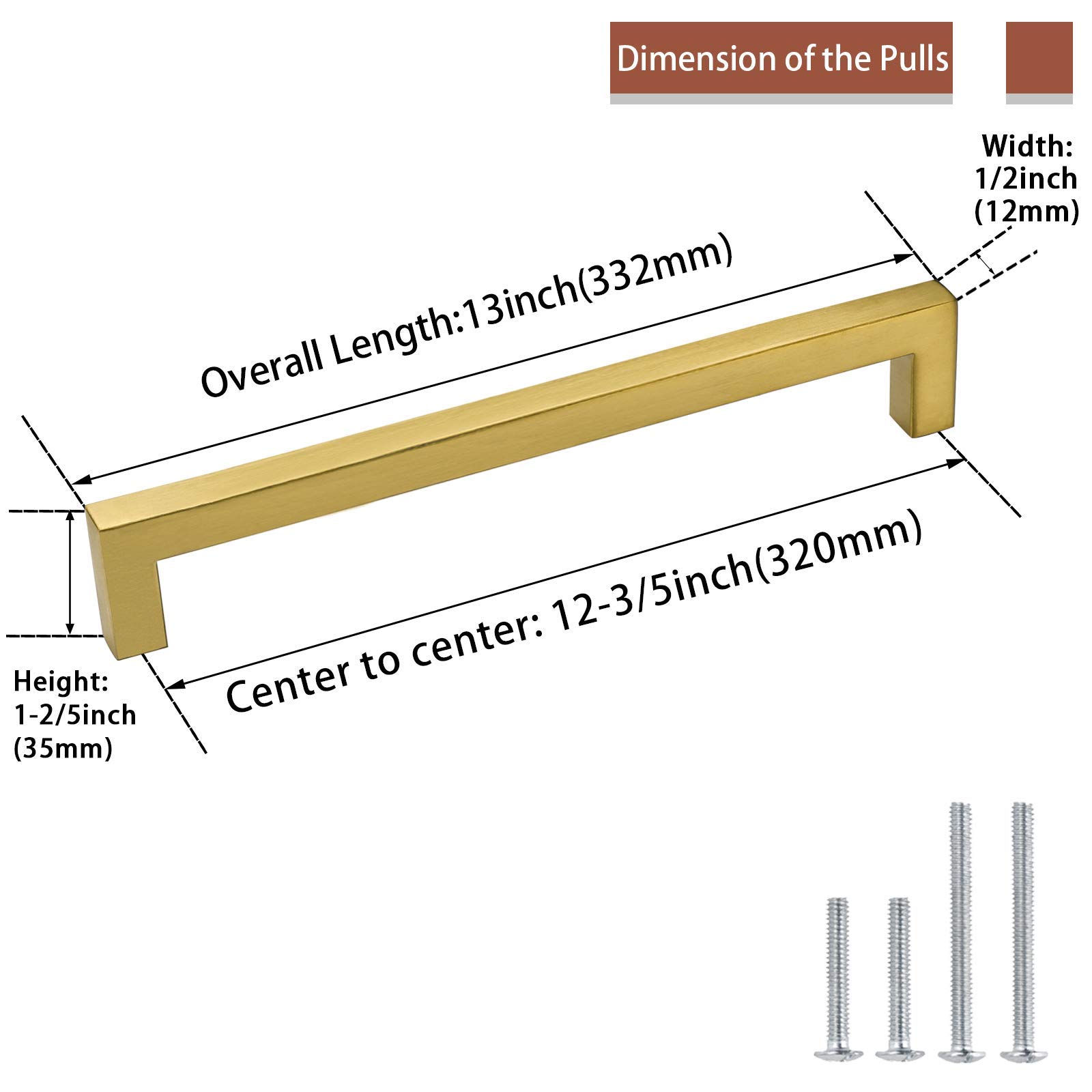 Goldenwarm 25-Pack Brushed Brass Cabinet Pulls - 12-3/5 Inch Hole Center Modern Square Kitchen Cabinet Handles & Drawer Pulls (LSJ12GD320) - Perfect for Kitchen Renovation, Bathroom Cabinets & Furniture Hardware Upgrade