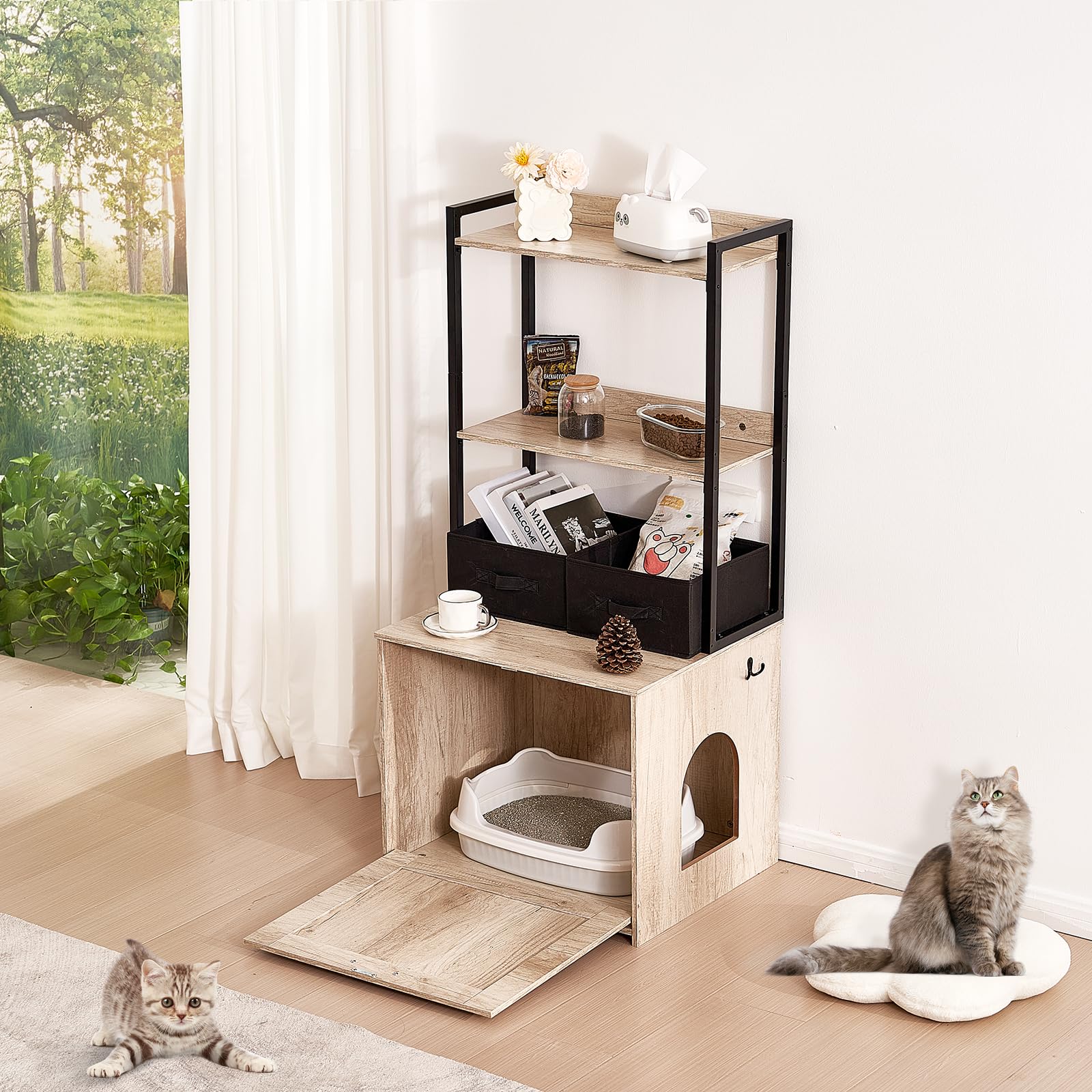 VEVOR Wooden Cat Litter Box Enclosure Furniture with 2 Storage Shelves & Baskets - Hidden Indoor Cat Washroom Cabinet for Large Litter Boxes, 23.6