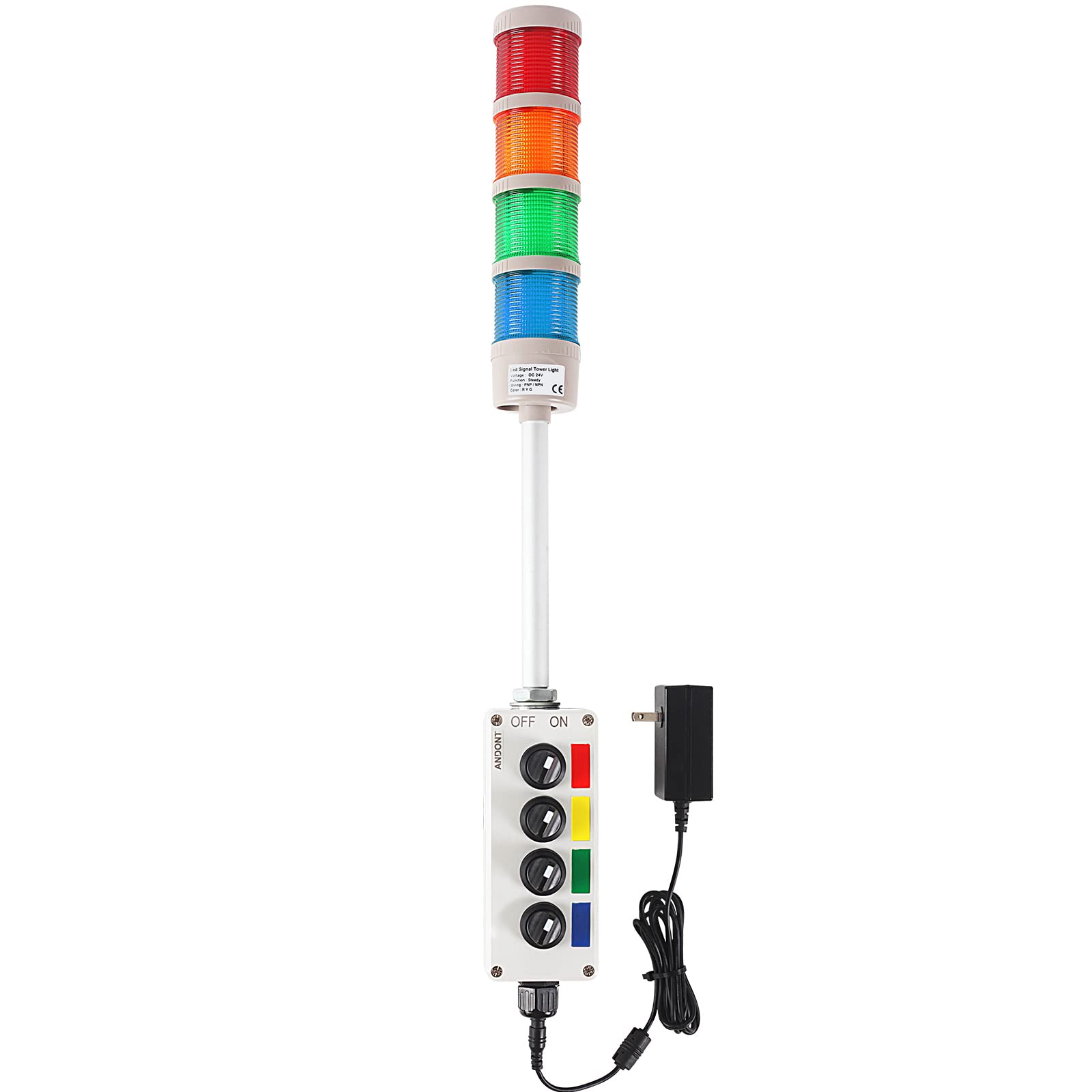 4 Stack Super Bright LED Andon Tower Lights - Red, Yellow, Green, Blue Colors | Off-ON Switch | 6ft Industrial Power Adapter | IP65 Waterproof | 2.36