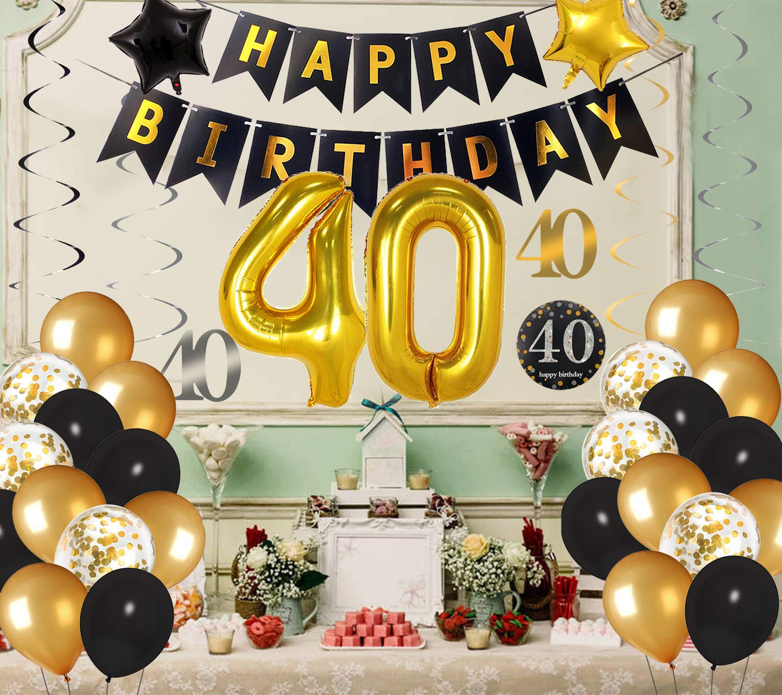 Black and Gold 40th Birthday Party Decorations Kit for Men & Women - Happy Birthday Banner, Balloons, Confetti & Swirls | Perfect for 40th Birthday Celebrations, Anniversaries & Milestone Parties
