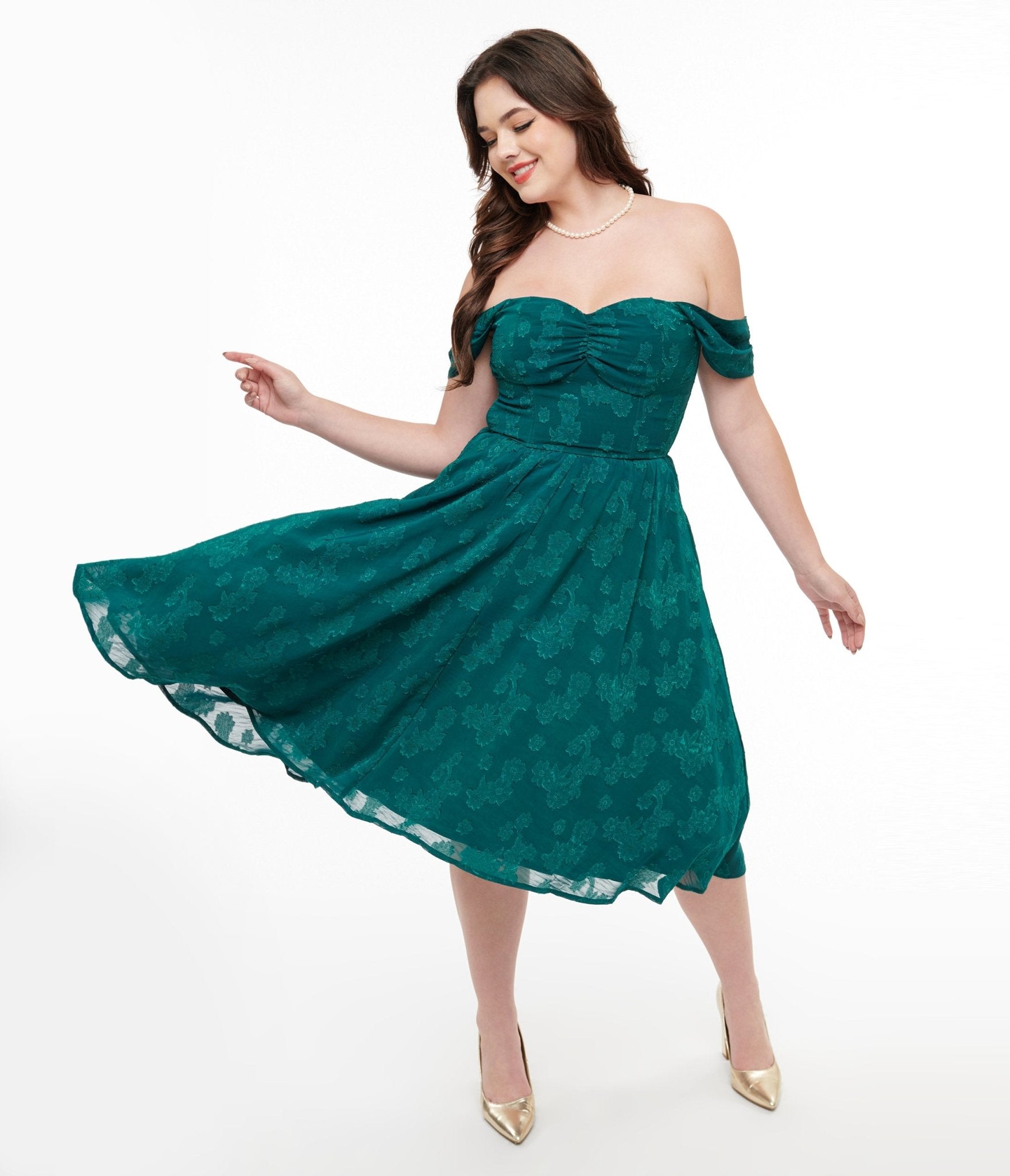 Vintage 1950s Teal Jacquard Off Shoulder Flare Dress - Retro Swing Dress for Cocktail Parties, Weddings & Special Occasions