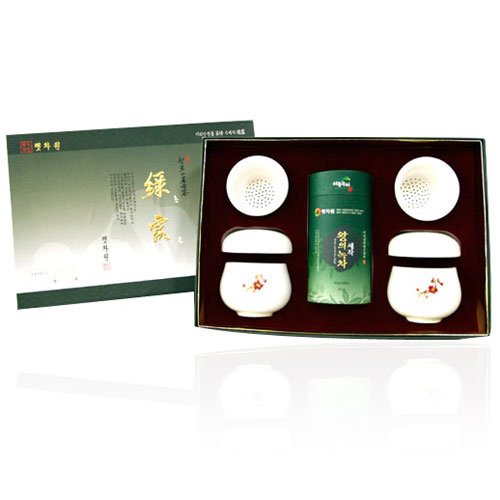 Premium Korean Organic Loose Leaf Green Tea Gift Set with Ceramic Porcelain Mug & Infuser - 2.1oz Mountain Tea for Relaxation, Meditation & Daily Wellness