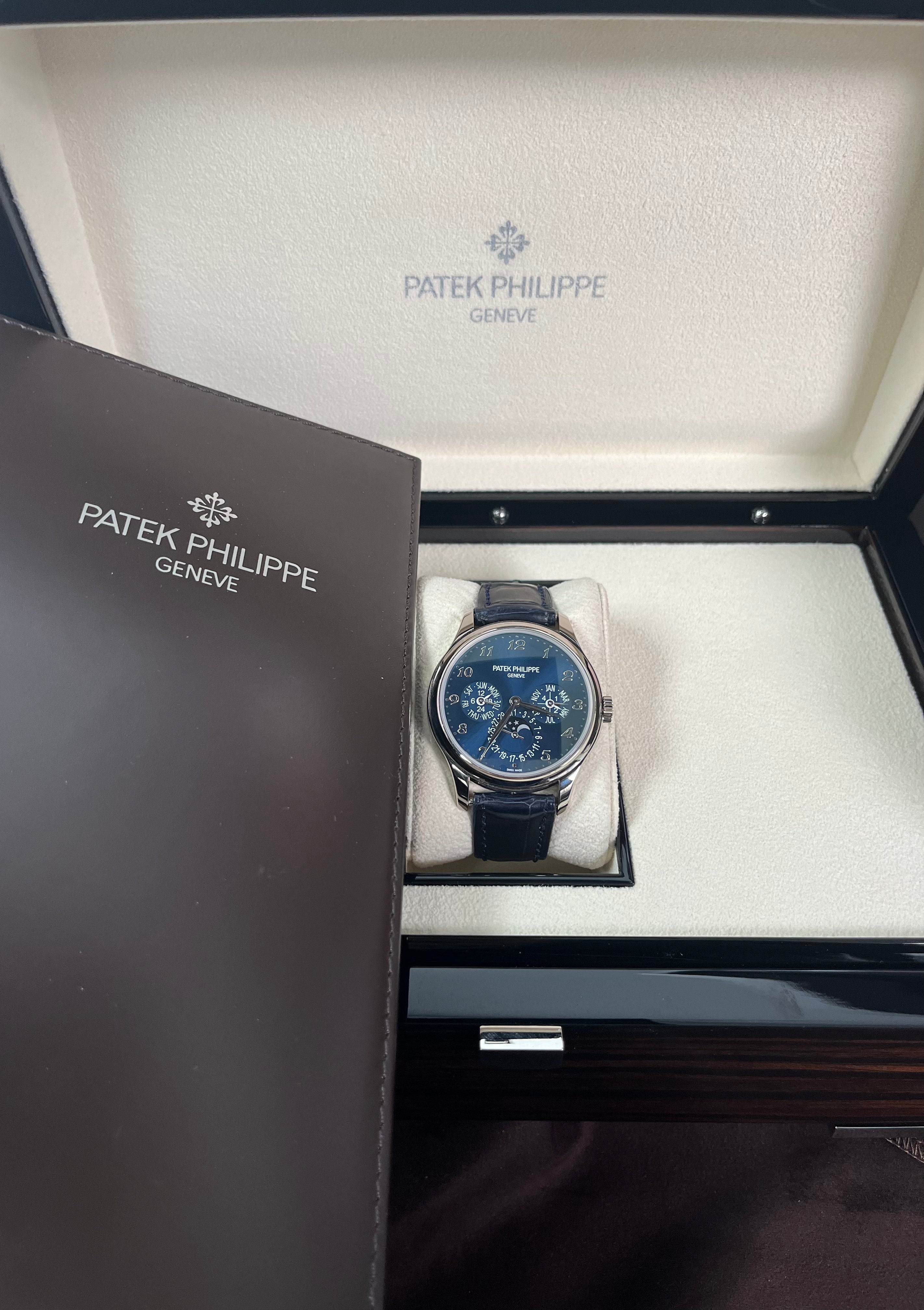 Patek Philippe Grand Complications Perpetual Calendar Moon Phase Watch - 18K White Gold Case, Royal Blue Dial & Alligator Leather Strap (Ref#5327G-001) | Luxury Dress Watch for Formal Occasions & Collector's Item