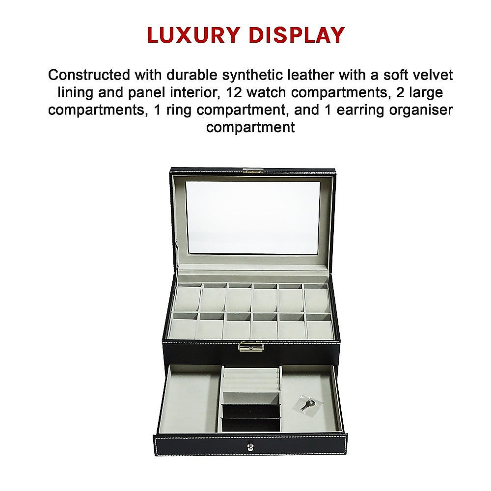 12-Slot Leather Watch Display Case with Lock & Key - Jewelry Storage Box Organizer for Men's Watches & Accessories - Perfect for Retail Stores, Watch Collections & Gift Presentation