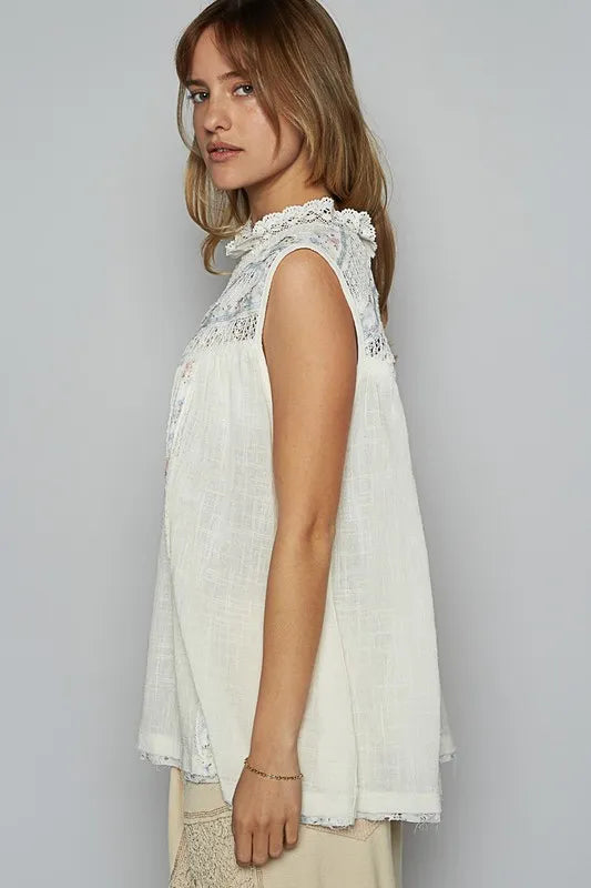Lace Detail Floral Sleeveless Rayon Gauze Top for Women - Summer Boho Chic Blouse for Beach, Vacation & Casual Outfits