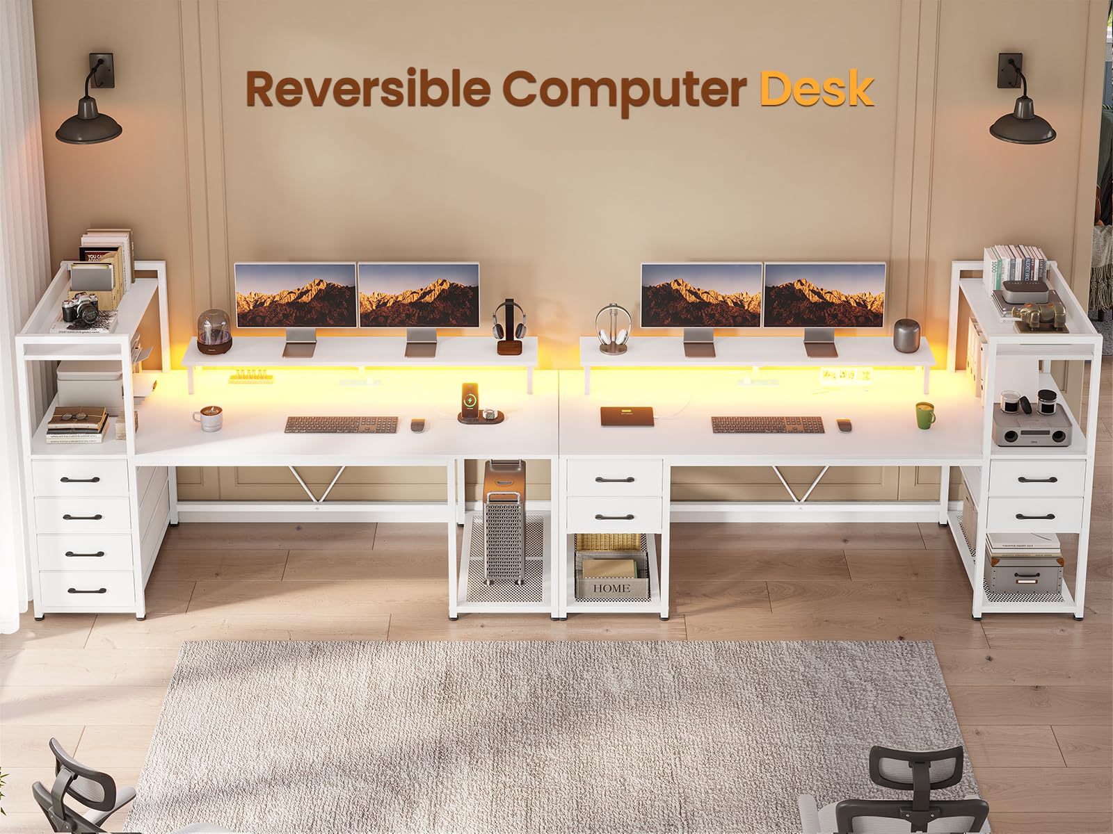 SEDETA 59 Inch LED Gaming Desk with 4 Drawers & Shelves, Home Office Computer Desk with Power Outlets & Large Storage Space, White - Perfect for Work from Home, Online Gaming & Study Setup