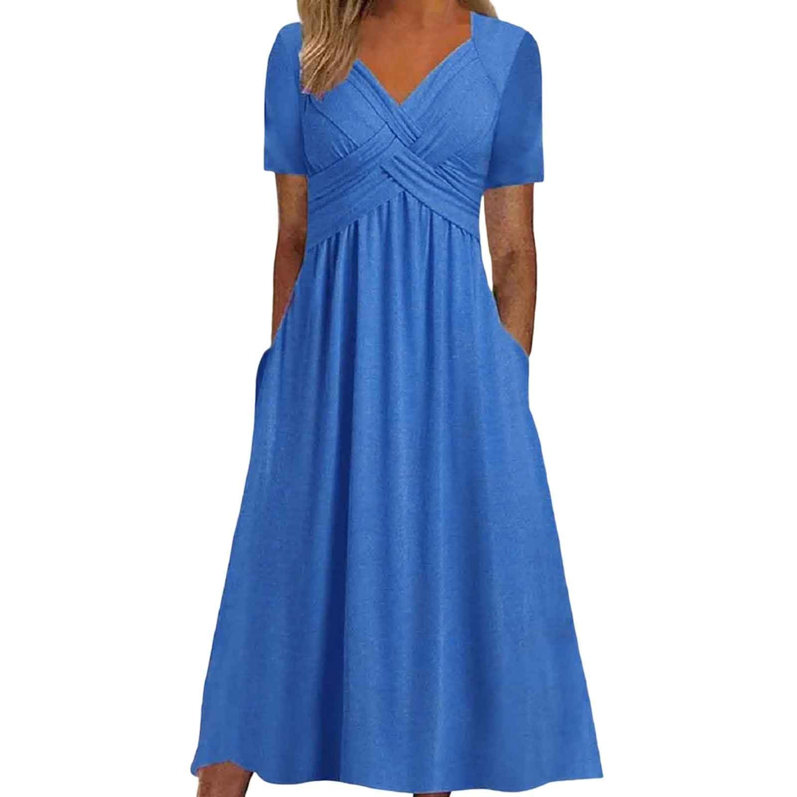 2024 Women's Summer Sundress - Casual Short Sleeve V-Neck Beach Dress with Pockets, Loose Swing Pleated Wrap Design for Vacation, Pool Party & Outdoor Activities