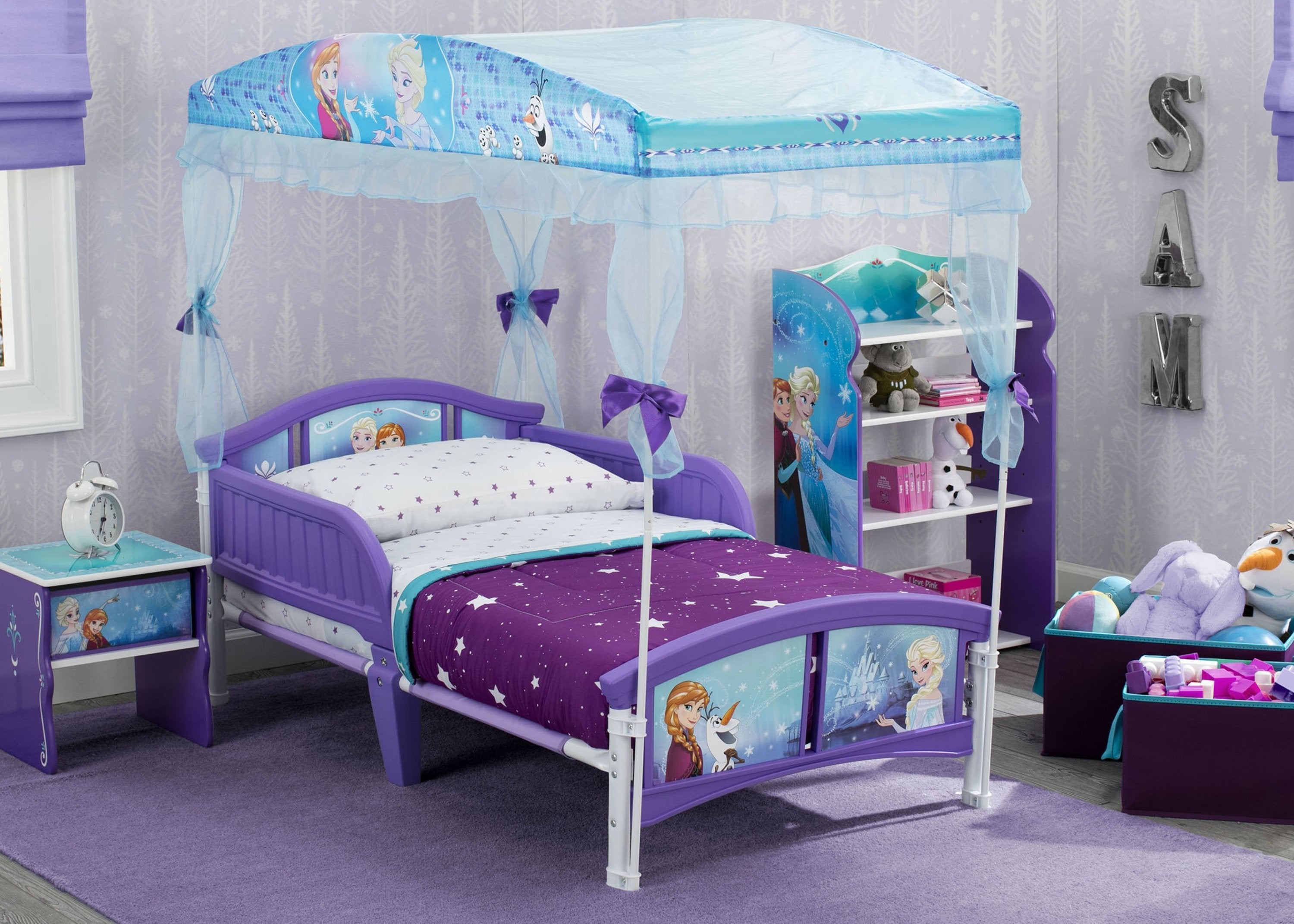 Frozen Themed Toddler Canopy Bed for Girls - Disney Princess Inspired Kids Bed with Mosquito Net - Perfect for Nursery, Bedroom Decor & Birthday Gifts