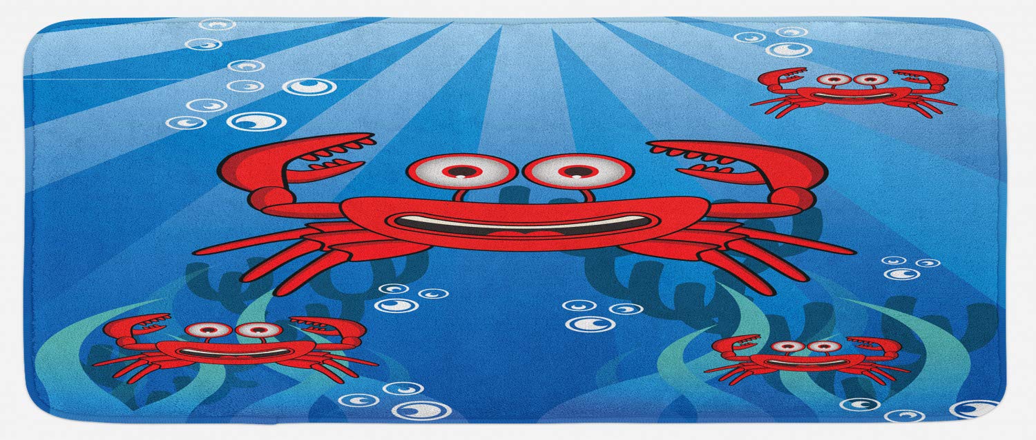 Ambesonne Non-Slip Kitchen Mat - Funny Crab Underwater Design with Smiling Faces, Bubbles, Coral & Sun Rays - Plush Decorative Rug for Kitchen, Bathroom or Entryway - 47x19 Inches, Blue & Red