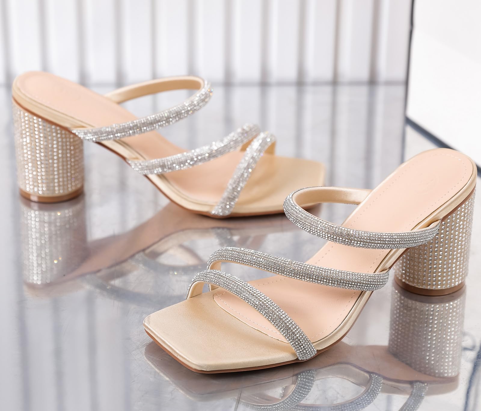 DADAWEN Women's Rhinestone Heeled Sandals - Square Toe Strappy Chunky Block Heels for Wedding, Party & Dress Occasions - Comfortable Pumps for Women - Perfect for Bridal, Prom, Evening Events & Special Occasions