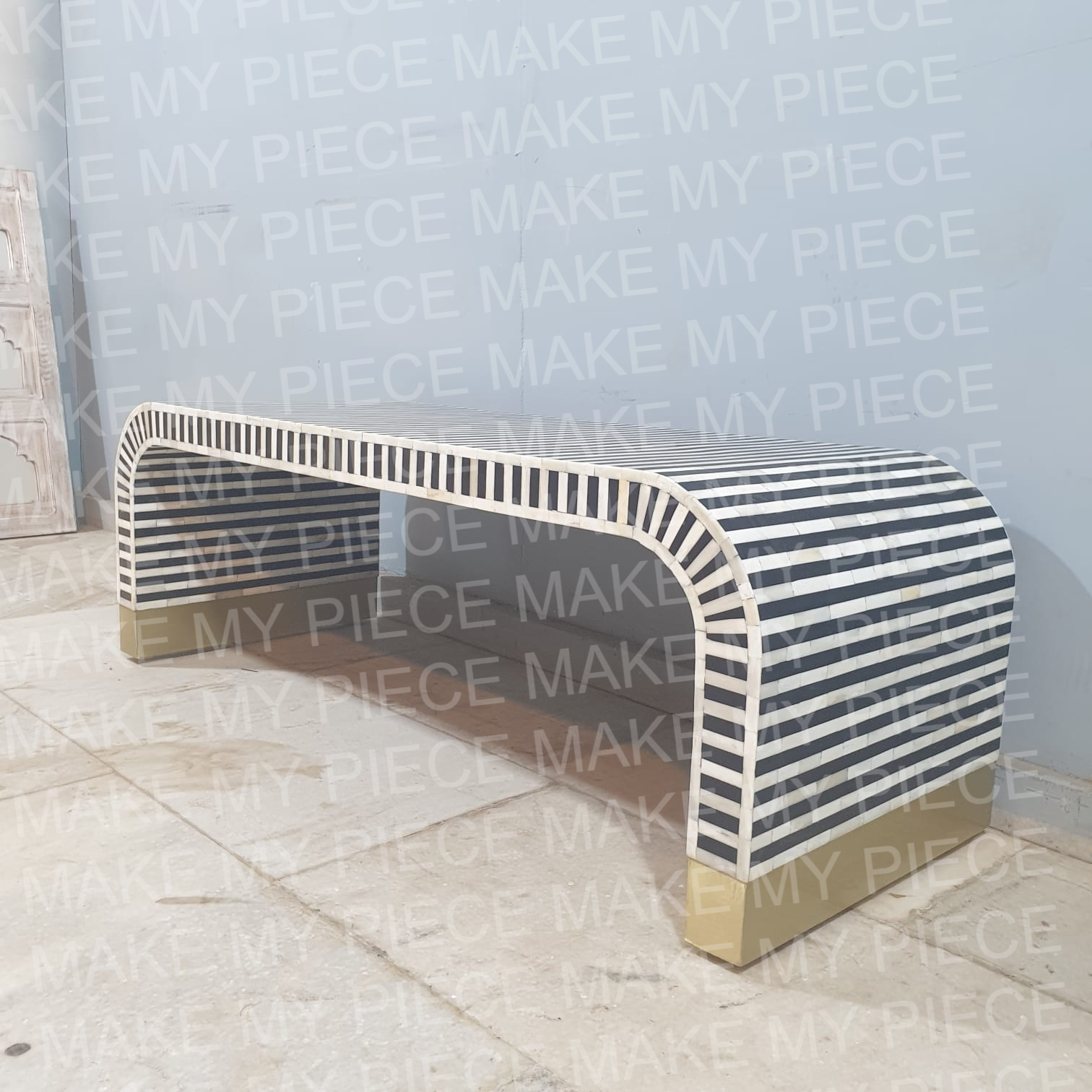 Handcrafted DANIELLE Bone Inlay Waterfall Coffee Table - Solid Wood with Strip Pattern - Perfect for Boho & Eclectic Living Room Decor