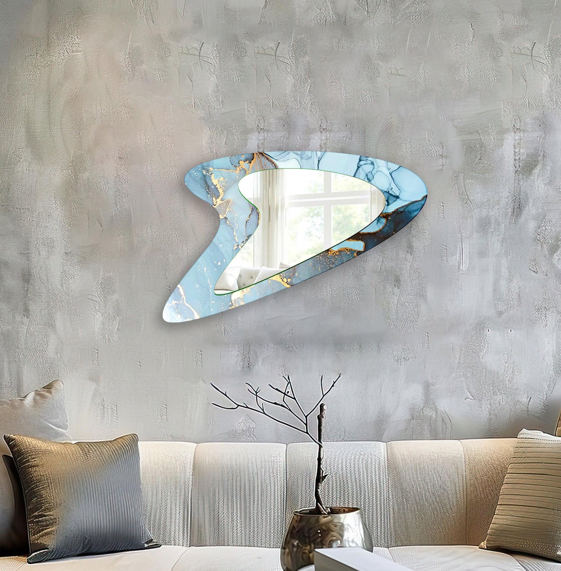 Blue & Gold Abstract Small Glass Wall Mirror - Modern Decorative Mirror for Living Room, Bedroom, Bathroom & Entryway - Perfect for Home Decor & Wall Art