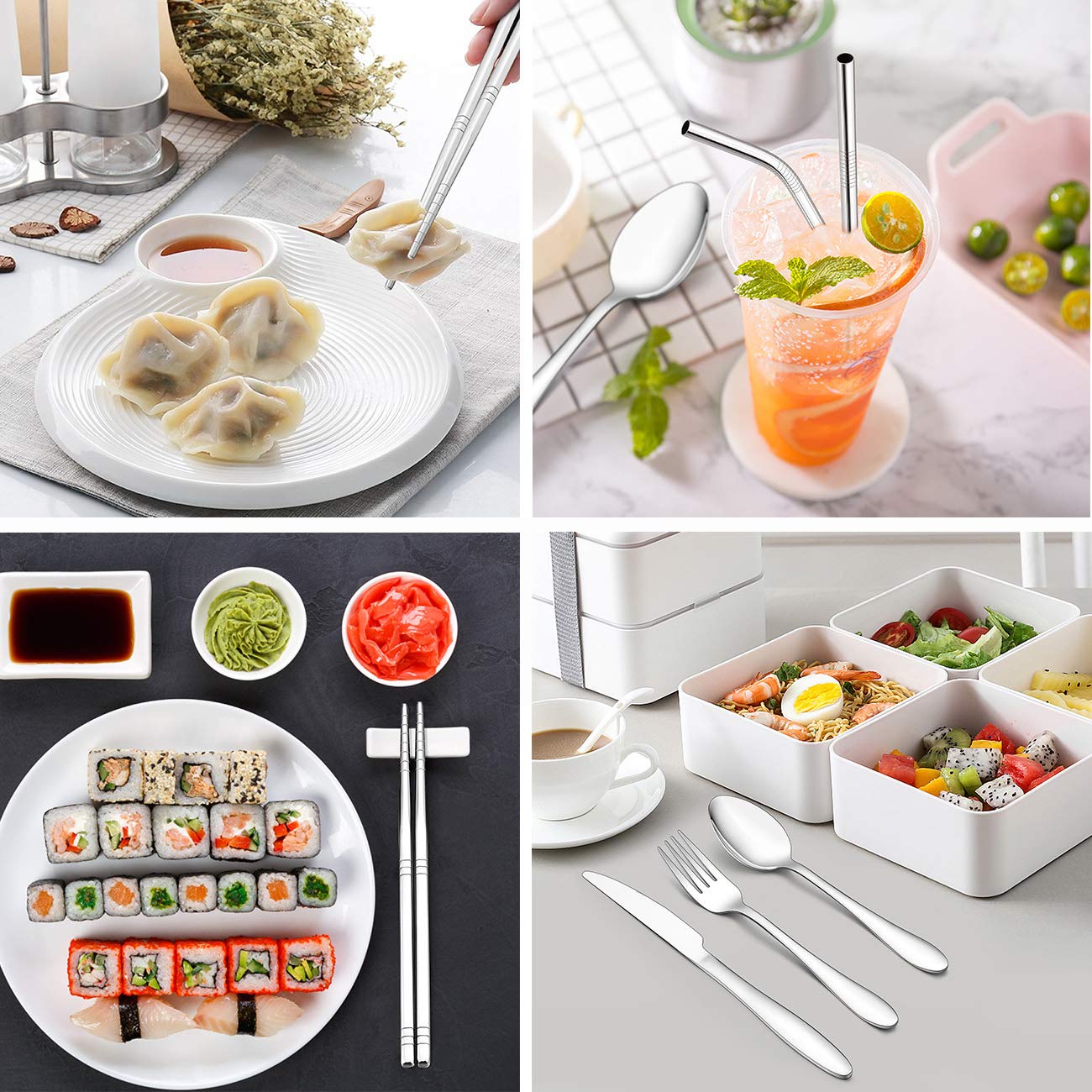 LIANYU 9-Piece Stainless Steel Travel Utensil Set with Knife, Fork, Spoon, Chopsticks, Metal Straws & Cleaning Brush | Portable Green Case | Perfect for Camping, Picnics & On-the-Go Meals