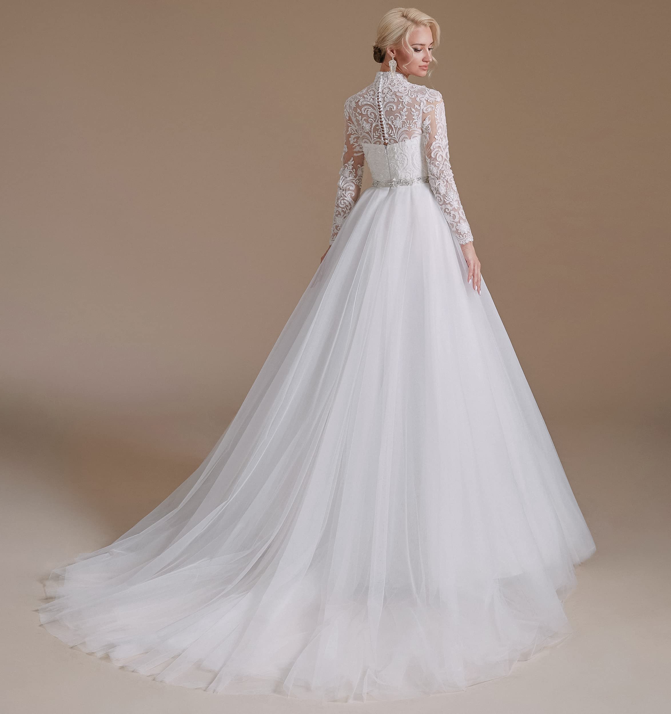 Elegant A-Line Beaded Applique Tulle Wedding Dress for Women - Long Sleeve Bridal Gown for Church, Beach & Garden Ceremonies