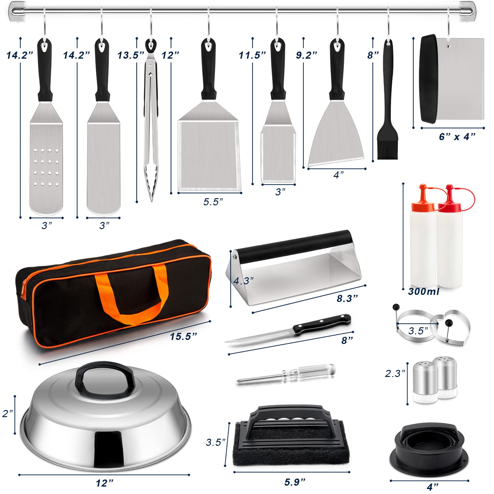 20Pcs Stainless Steel Griddle Accessories Kit - HaSteeL Teppanyaki BBQ Tools Set with Melting Dome, Bacon Press, Spatulas & Scrapers for Indoor/Outdoor Cooking, Camping & Grilling | Durable & Easy to Clean for Backyard Parties, Tailgating & Japanese Hibachi Style Cooking