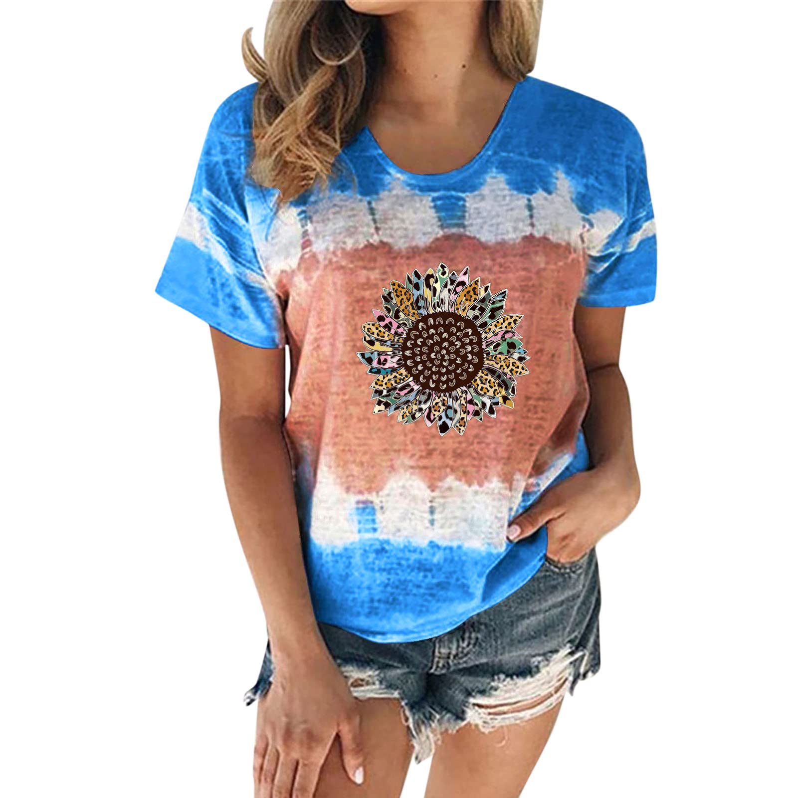 Women's Casual Sunflower Tie-Dye Short Sleeve T-Shirt - Loose Fit Round Neck Tops for Summer | Perfect for Beach Outings, Weekend Wear & Casual Fashion