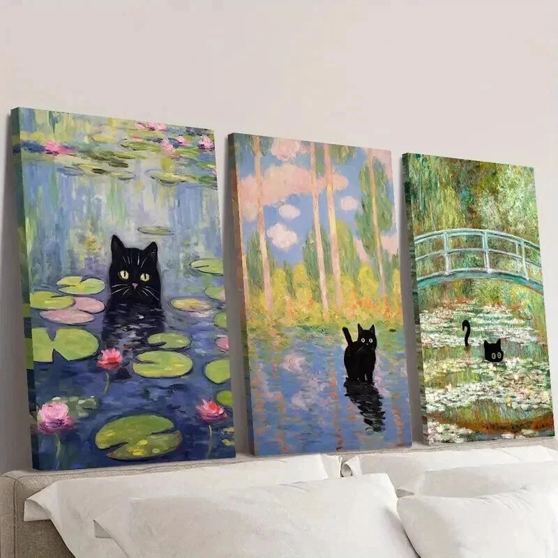 3-Piece Black Cat Monet-Inspired Wall Art Set - Framed Canvas 50x70cm | High Quality Print | 100% Australian Made | Ready to Hang | Perfect for Living Room, Bedroom & Office Decor