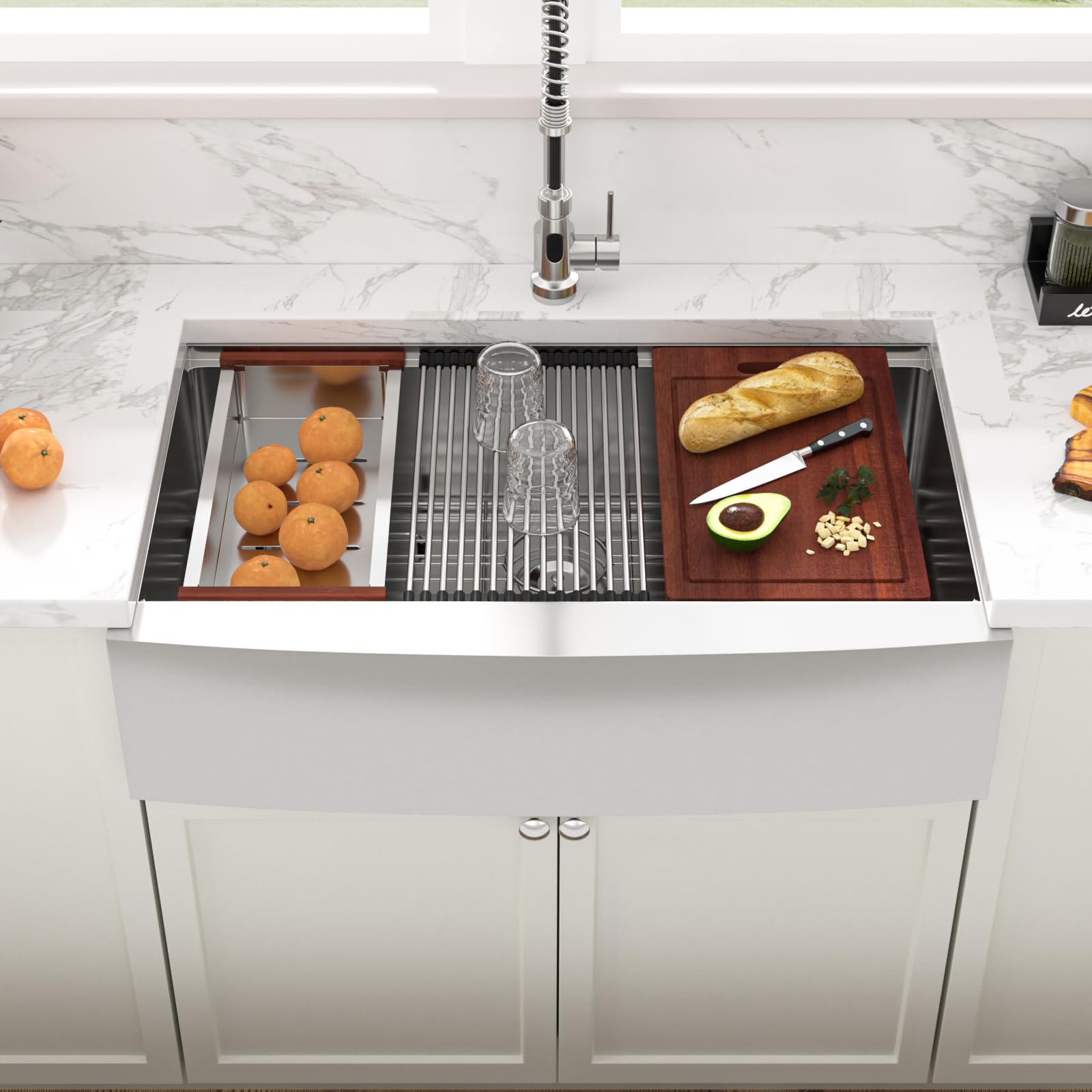 36-Inch Farmhouse Kitchen Sink - 16 Gauge Stainless Steel Apron Front Single Bowl Undermount Sink with Ledge Workstation (36x22 Inch) | Perfect for Modern Farmhouse, Rustic & Luxury Kitchen Designs