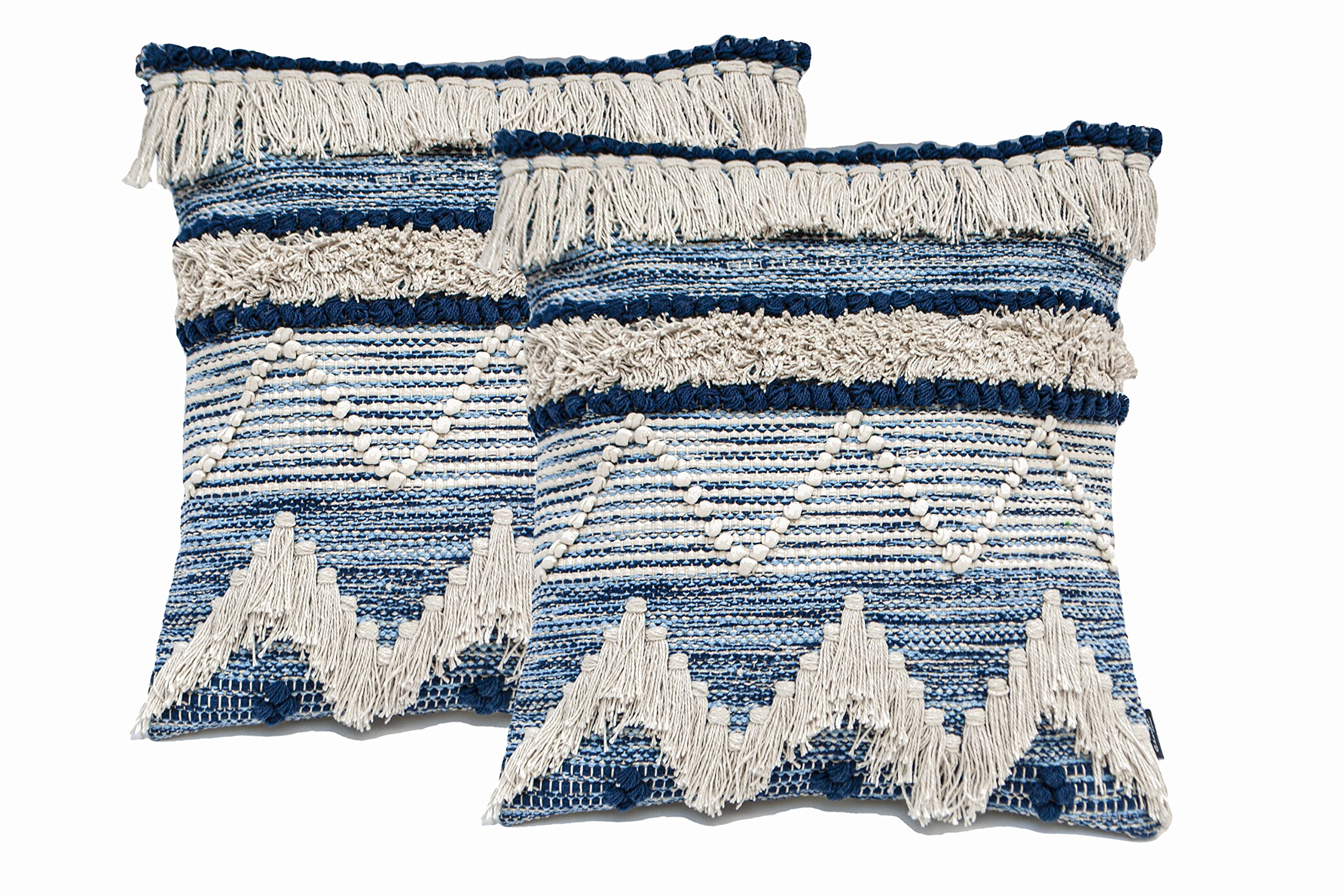 Chardin Home Montego - Handwoven Cotton Decorative Throw Pillow Covers Set of 2 (18x18 Inch) - Soft Square Blue & Off-White Couch & Sofa Pillow Cases for Living Room, Bedroom & Home Decor