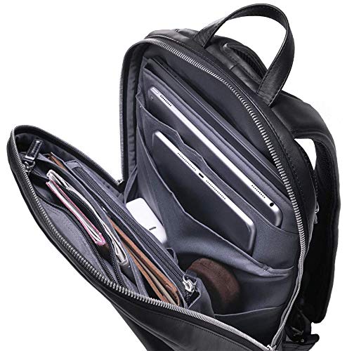 Slim Leather Laptop Backpack D2L - Stylish Carry-on Travel Backpack for Women & Men, Waterproof Business Backpack with USB Charging Port, Perfect for Work, College & Airplane Travel (Black)