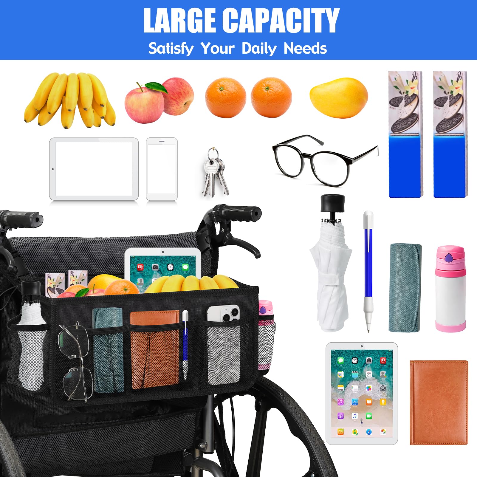 **Waterproof Wheelchair Backpack with Cup Holder & Storage Pockets - Durable Hanging Bag for Wheelchair Accessories (Black) - Perfect for Travel, Shopping & Outdoor Activities**