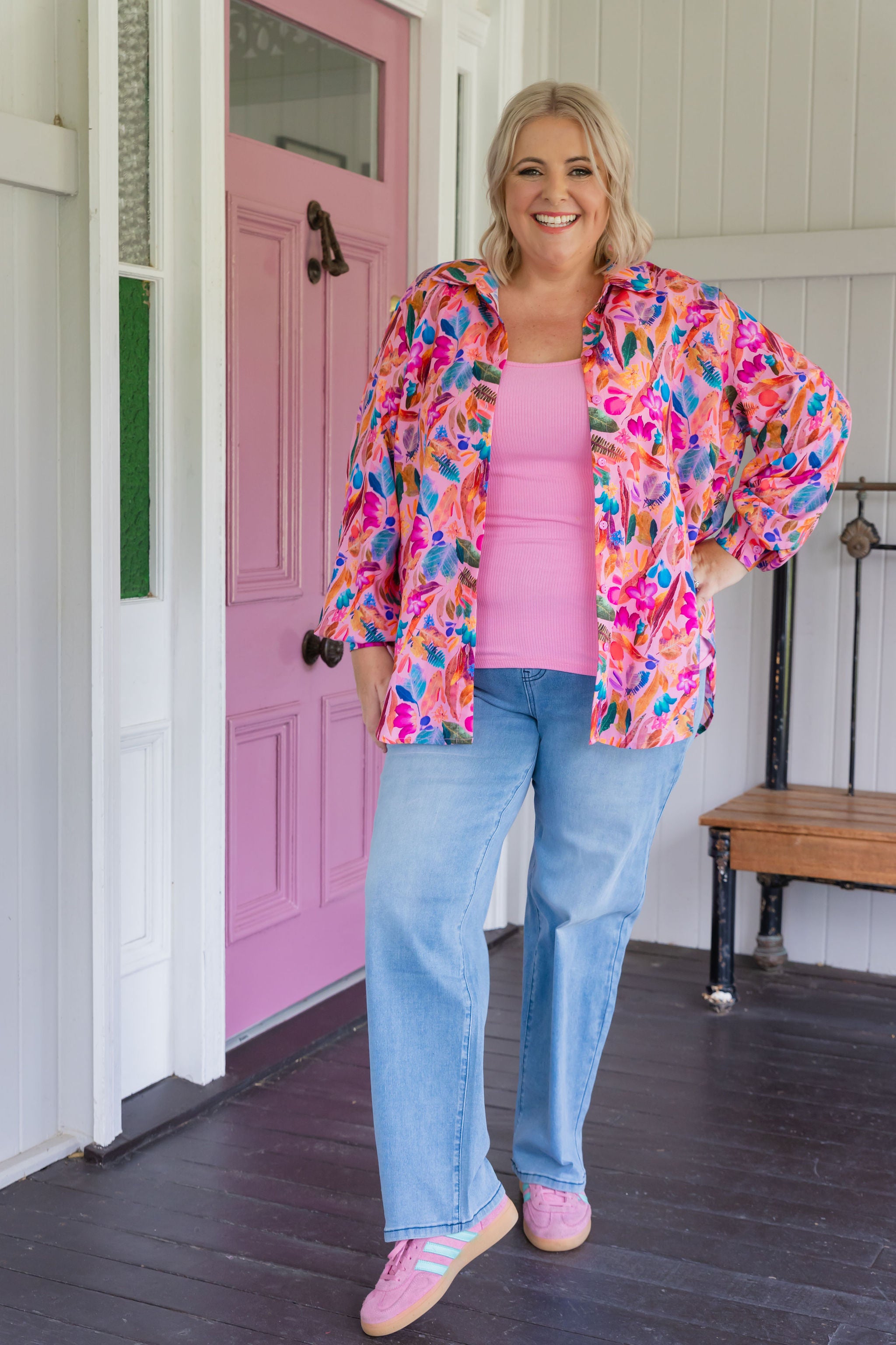 Kasey Rainbow Lana Shirt - Floral Print Women's Blouse | Perfect for Spring Outfits & Backyard Gatherings