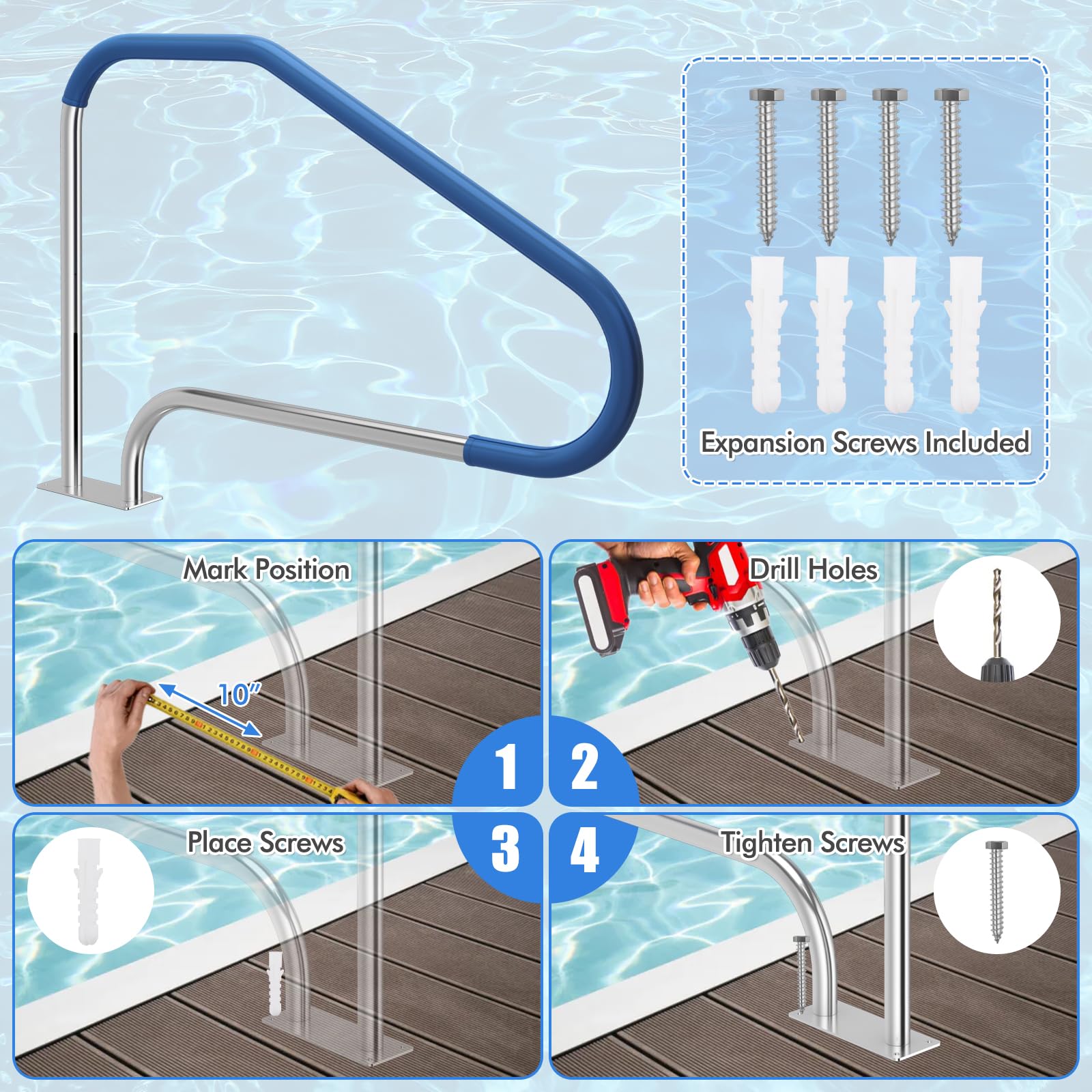 SAFSTAR 316 Stainless Steel Pool Handrail with Non-Slip Nylon Grip - 3-Bend Design for Easy Pool & Spa Access - Heavy Duty 550 lbs Capacity - Includes Mounting Base Plate & Accessories - Perfect for Swimming Pool Steps, Hot Tubs, and Aquatic Therapy Areas