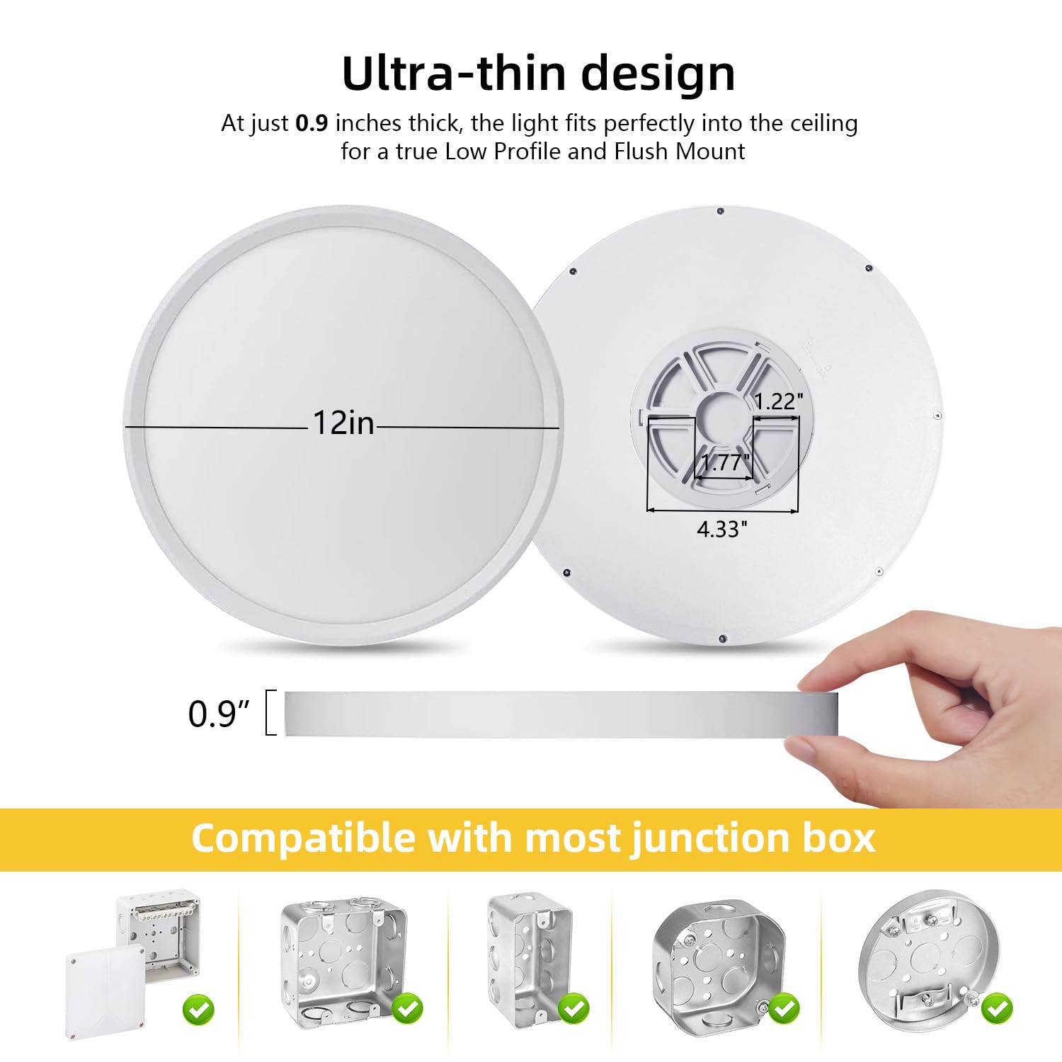 4 Pack 12 Inch Ultra-Slim Low Profile LED Ceiling Light Fixture - Dimmable Round Flat Panel Light with 3 Color Temperatures (3000K/4000K/5000K) - Perfect for Bedroom, Living Room, Hallway, Bathroom and Kitchen Lighting