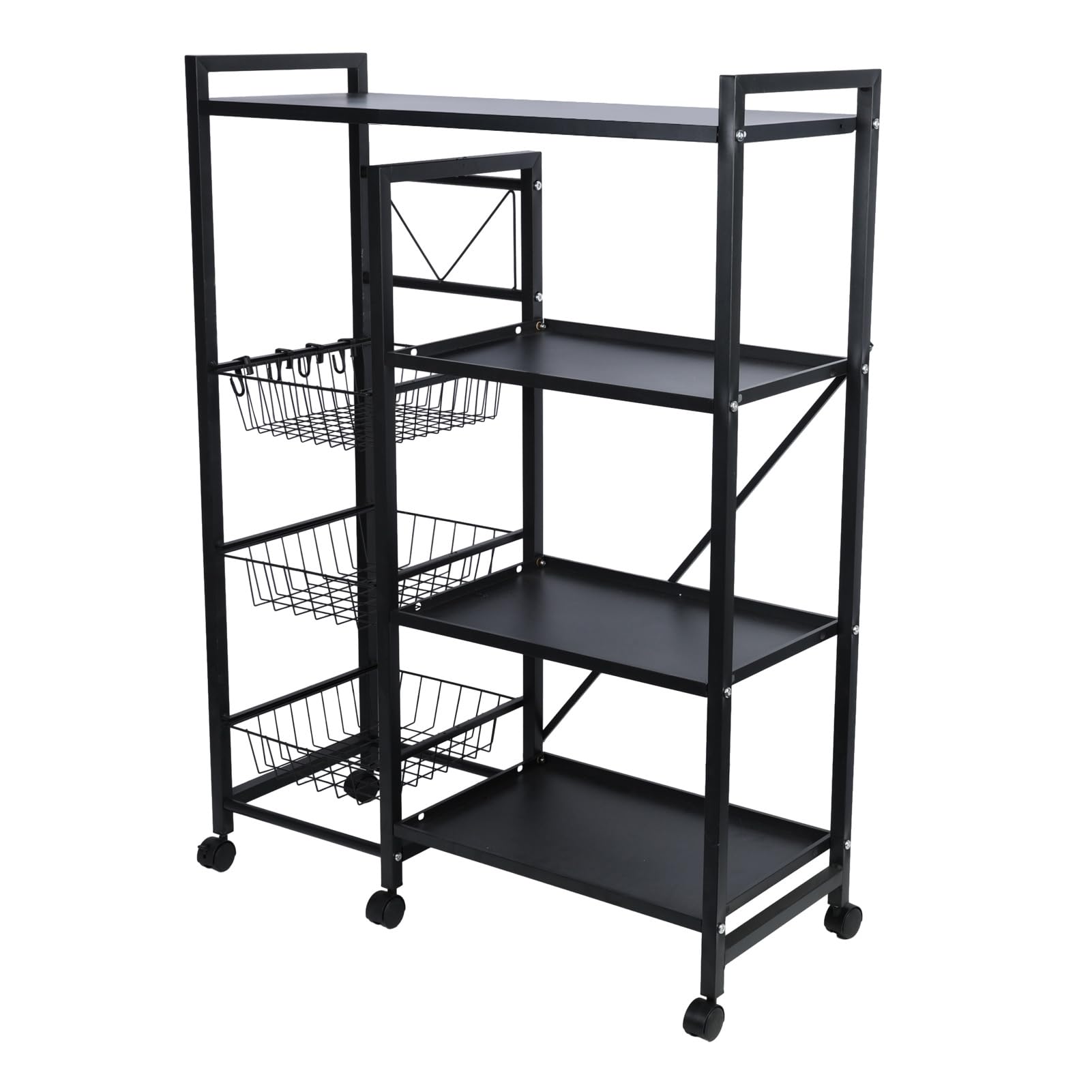 4-Tier Kitchen Bakers Rack with Wheels & S-Hooks - Rolling Coffee Bar Table, Microwave Stand with Wire Basket Storage - Ideal for Spices, Pots & Pans Organization - Perfect for Small Kitchens, Pantries & Coffee Stations (Black)