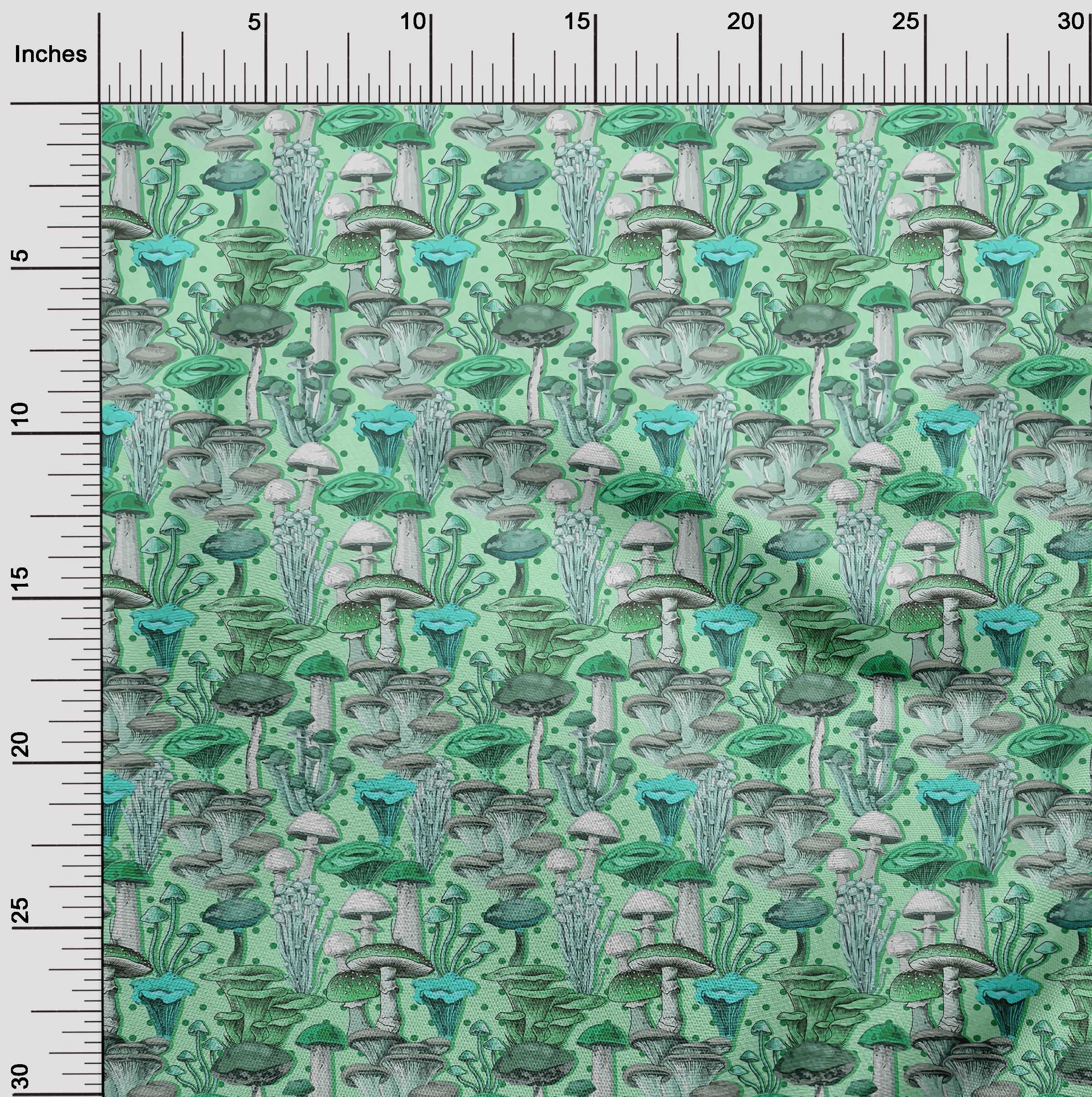 Premium 100% Cotton Cambric Fabric - Mint Green Mushroom Print, 56