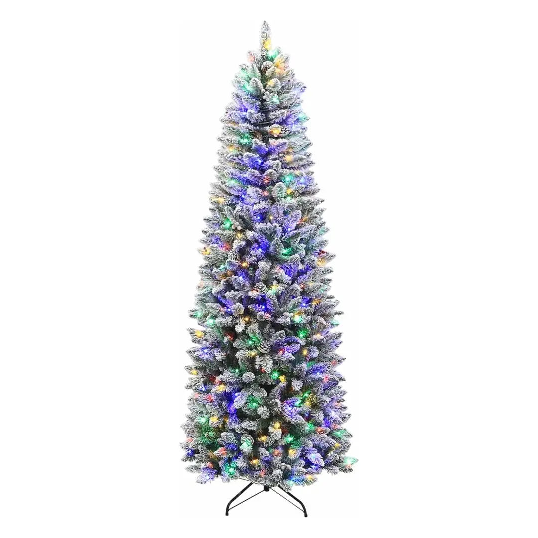 6.5'/7.5'/9' Pre-Lit Snow Flocked Pencil Slim Artificial Christmas Tree with Color Changing LED Lights - 10 Lighting Modes, Metal Stand & Hinged Branches for Holiday Home Decor, Office, and Party Decoration