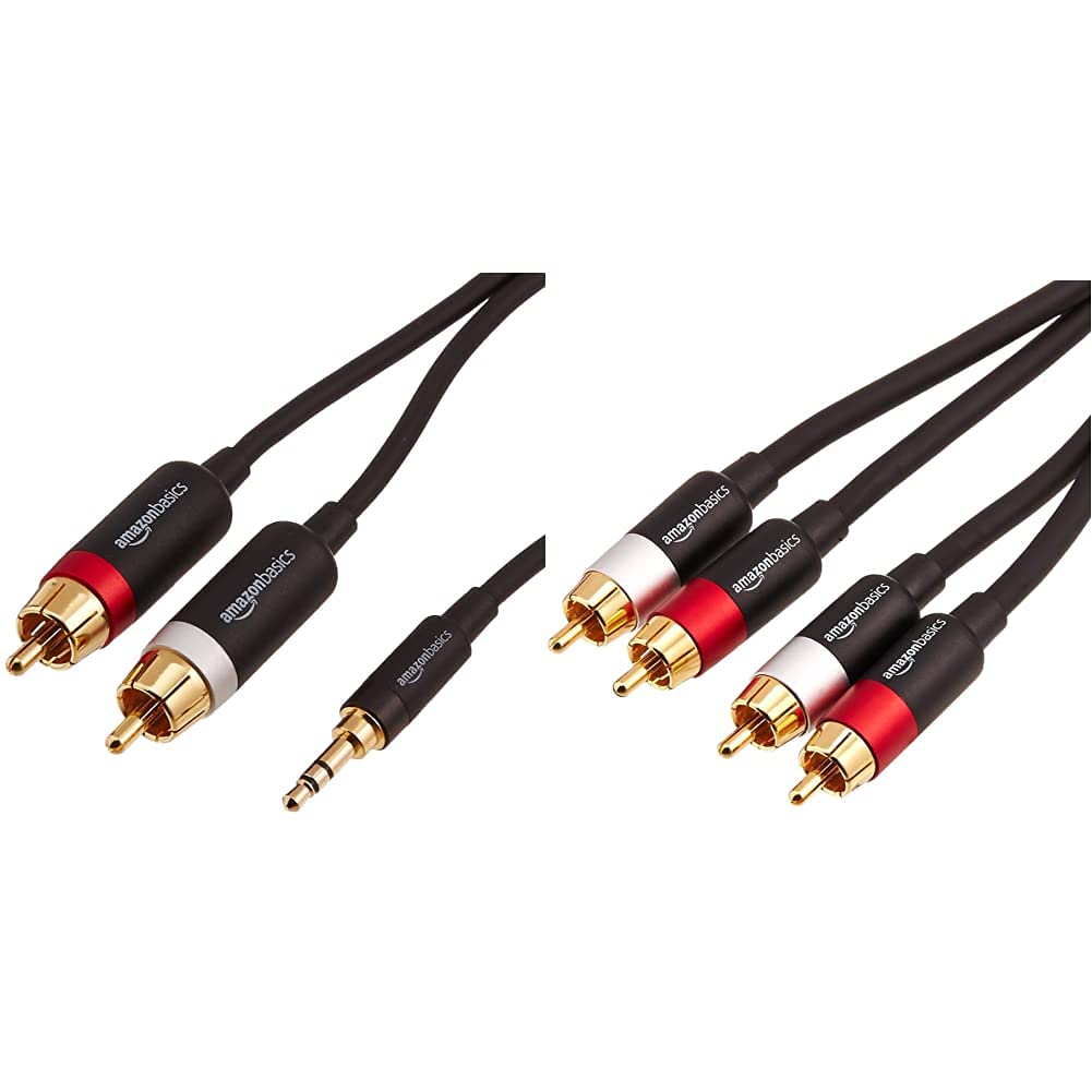 Amazon Basics 3.5mm to 2-Male RCA Stereo Audio Cable - 15ft & 2-Male to 2-Male RCA Subwoofer Cable - 8ft - for Home Theater, Sound Systems, DJ Equipment and Audio Connections