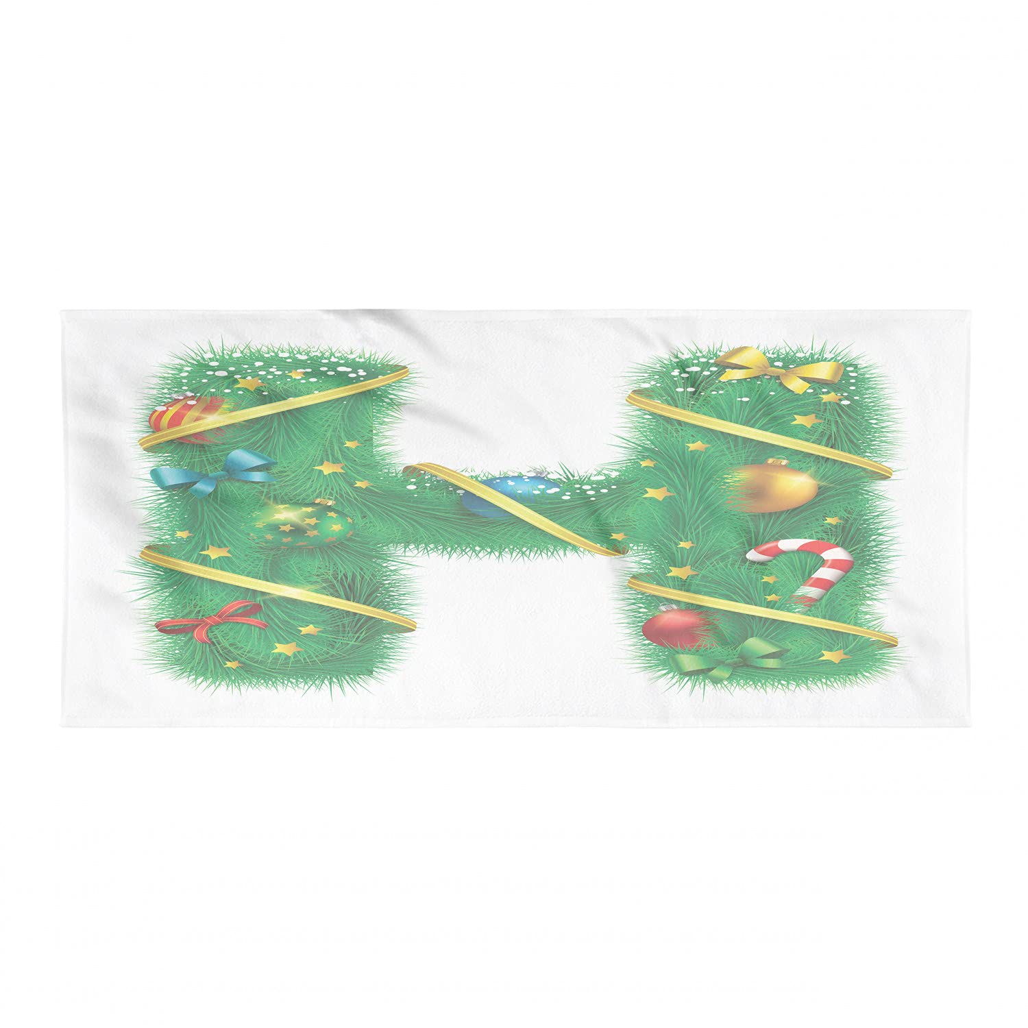 Ambesonne Christmas Alphabet Sports Towel - Soft Lightweight Absorbent Microfiber with Ribbons, Baubles & Stars Design - Perfect for Beach, Yoga, Gym & Holiday Decor - White Green Pale Yellow