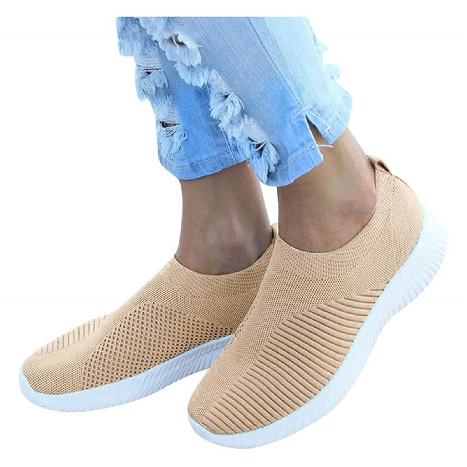 FASZFSAF Women's Walking Sneakers 2022 - Breathable Canvas Slip-On Shoes for Women | Non-Slip Running Shoes with Round Toe & Comfort Flat Sole | Perfect for Walking, Jogging & Casual Wear (Khaki, Size 42)