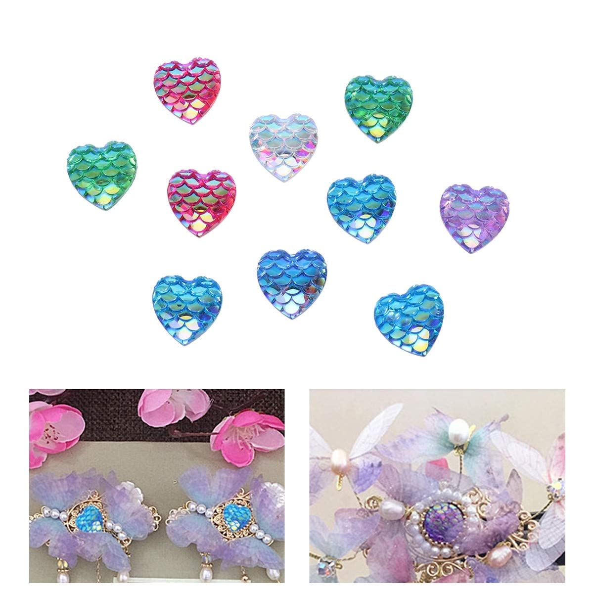 Exceart 50pcs Iridescent Cabochons for Scrapbooking, Jewelry Making, DIY Crafts - Fish Scale Gemstone Resin Dome Round Mermaid Embellishments - Perfect for Card Making, Home Decor, and Gift Wrapping