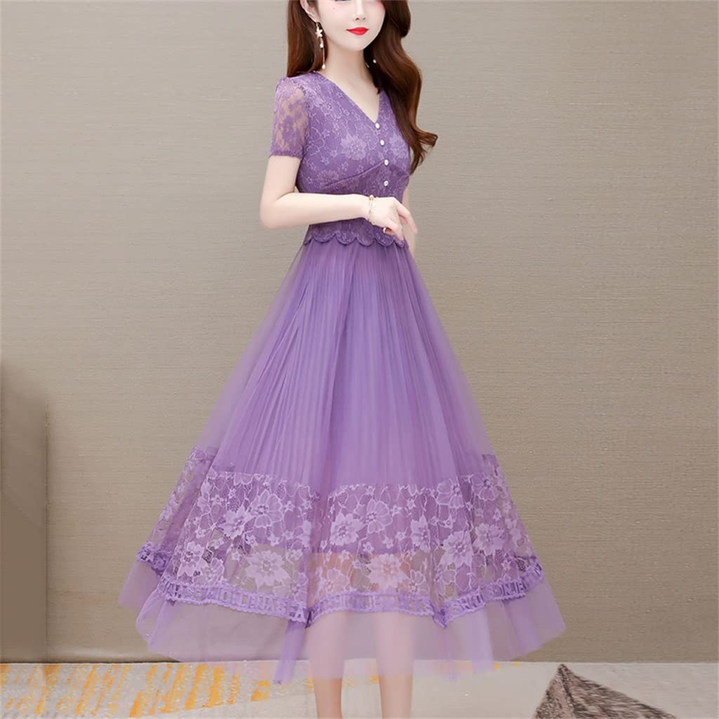 Elegant Chiffon V-Neck Beach Cover-Up Robe for Women - Purple Short Sleeve Mesh Dress (Size M) | Perfect for Summer Vacations, Pool Parties & Resort Wear