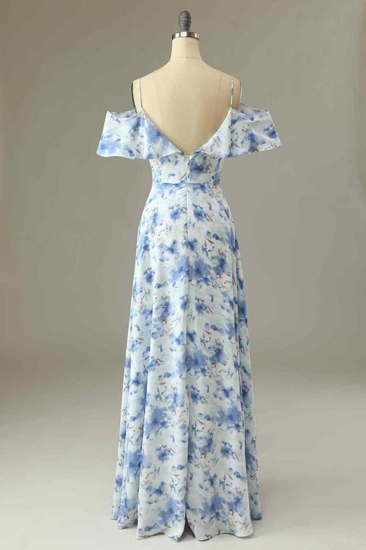 Fokissy Floral Cold Shoulder Bridesmaid Dresses Long Chiffon V-Neck Maxi Dress for Wedding Party, Formal Occasions & Special Events - Elegant Ruffled Gown for Bridesmaids, Prom & Evening Wear