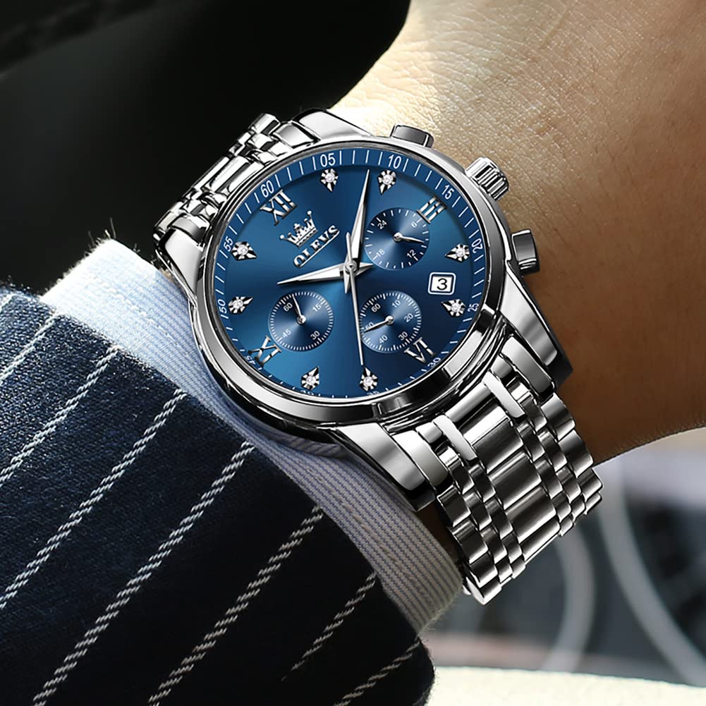 OLEVS Men's Multifunction Stainless Steel Watch - Waterproof Luminous Chronograph with Date Display, Classic Dress Watch for Business, Casual, Outdoor & Formal Occasions