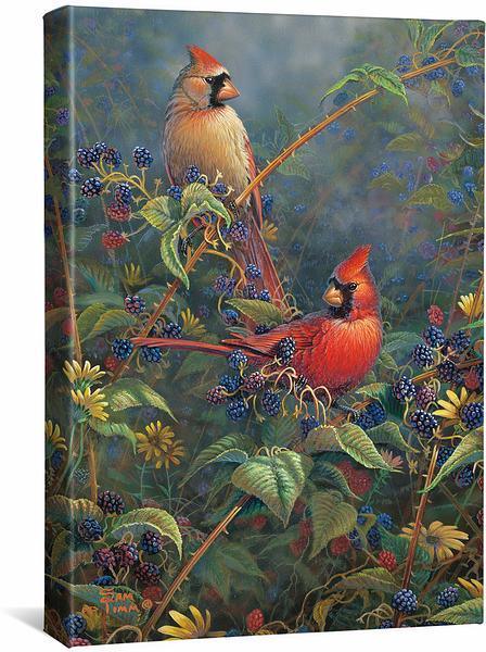 Berry Bush Hideout Cardinals 18x13 Gallery Wrapped Canvas Wall Art - Perfect for Living Room, Bedroom & Office Decor