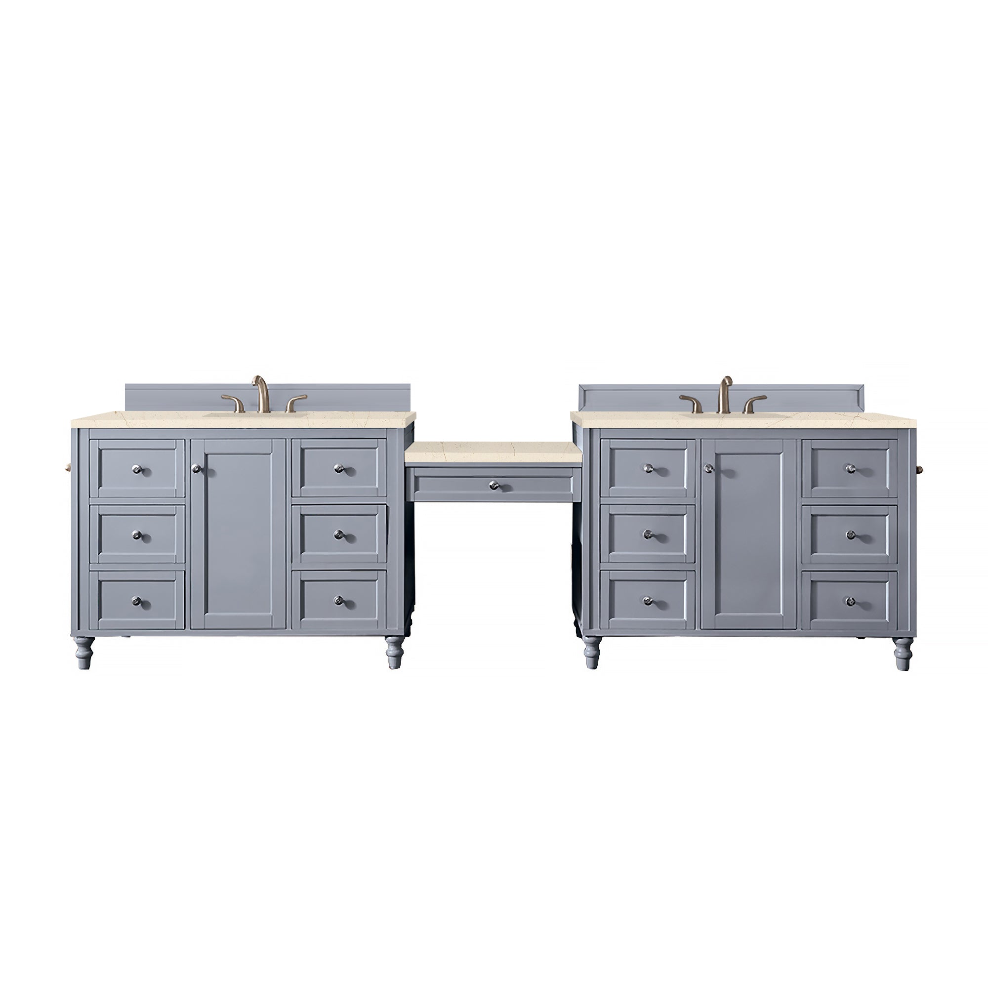 Copper Cove Encore 122 Double Vanity Set with Makeup Table - Silver Gray Finish & 3CM Eternal Marfil Quartz Top | Modern Bathroom Vanity for Master Bath, Guest Bath & Powder Room