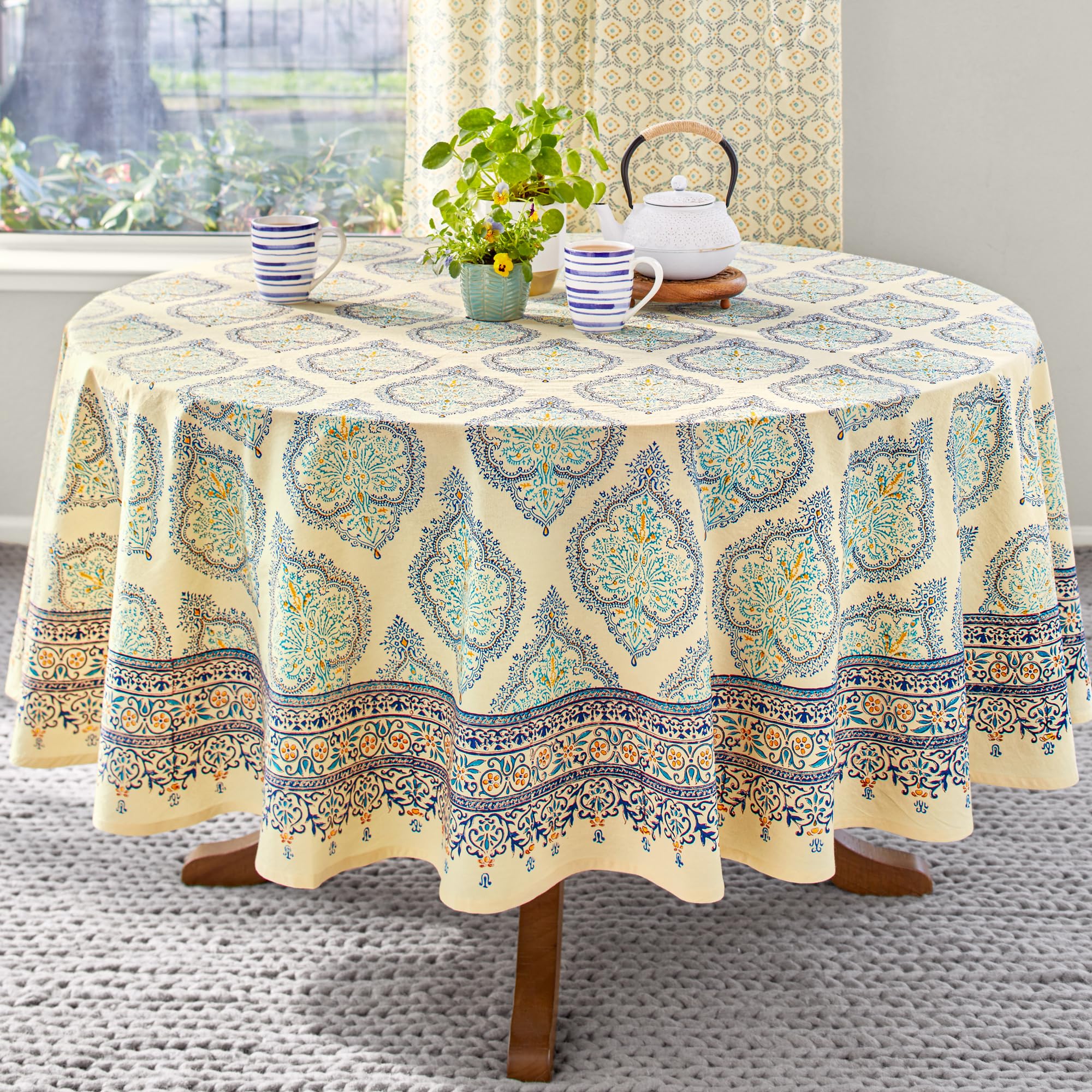 Hand Block Printed Round Tablecloth - 100% Cotton Luxurious Washable Pale Yellow Morning Dew Design for Home Decor, Kitchen, Coffee & Dining Table (90 Inch) - Perfect for Dinner Parties, Brunch Gatherings & Everyday Elegance