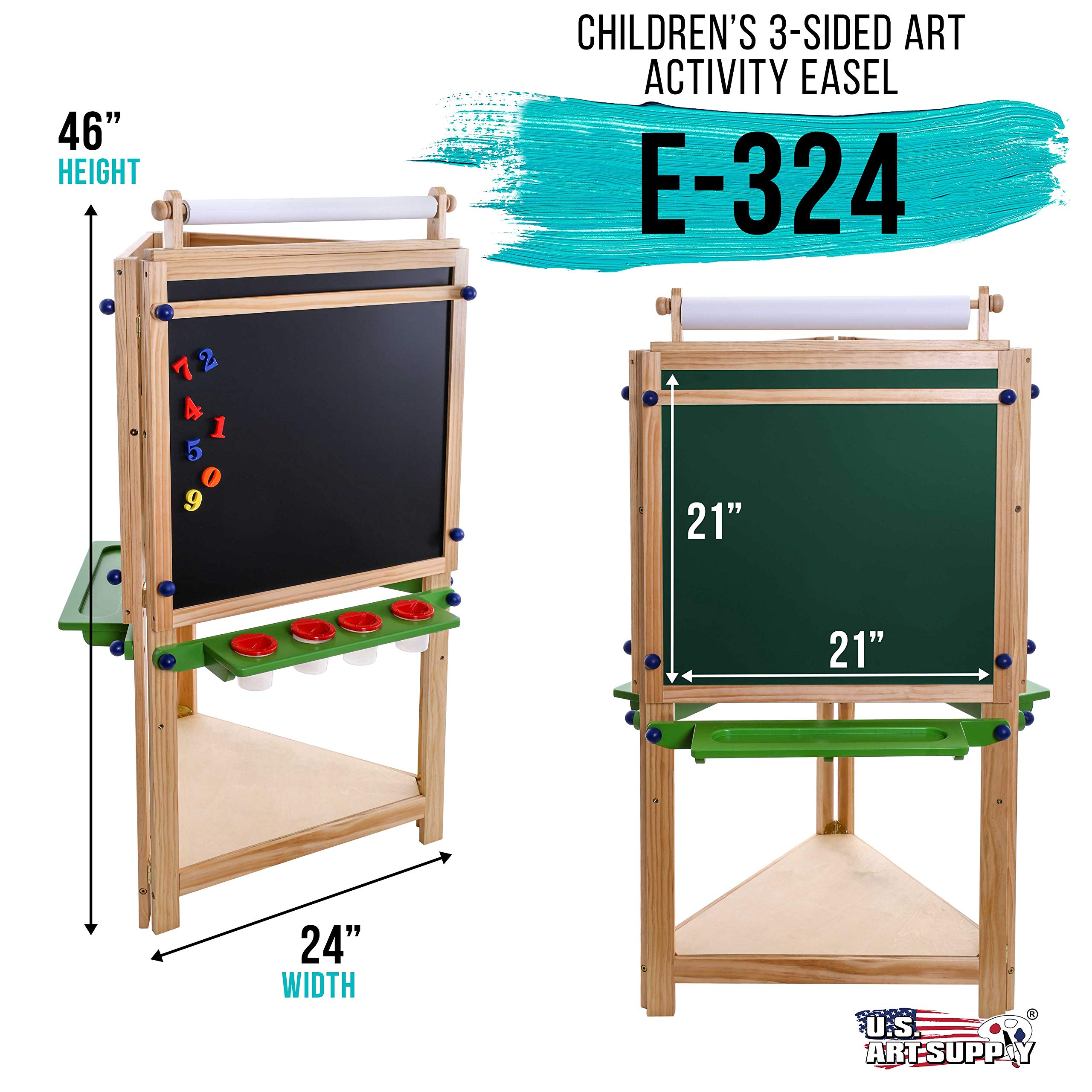 U.S. Art Supply Kids 3-Sided Adjustable Art Easel with Chalkboard, Large Paper Roll, Storage Shelf & Paint Cups - Perfect for Classroom, Homeschool & Creative Play
