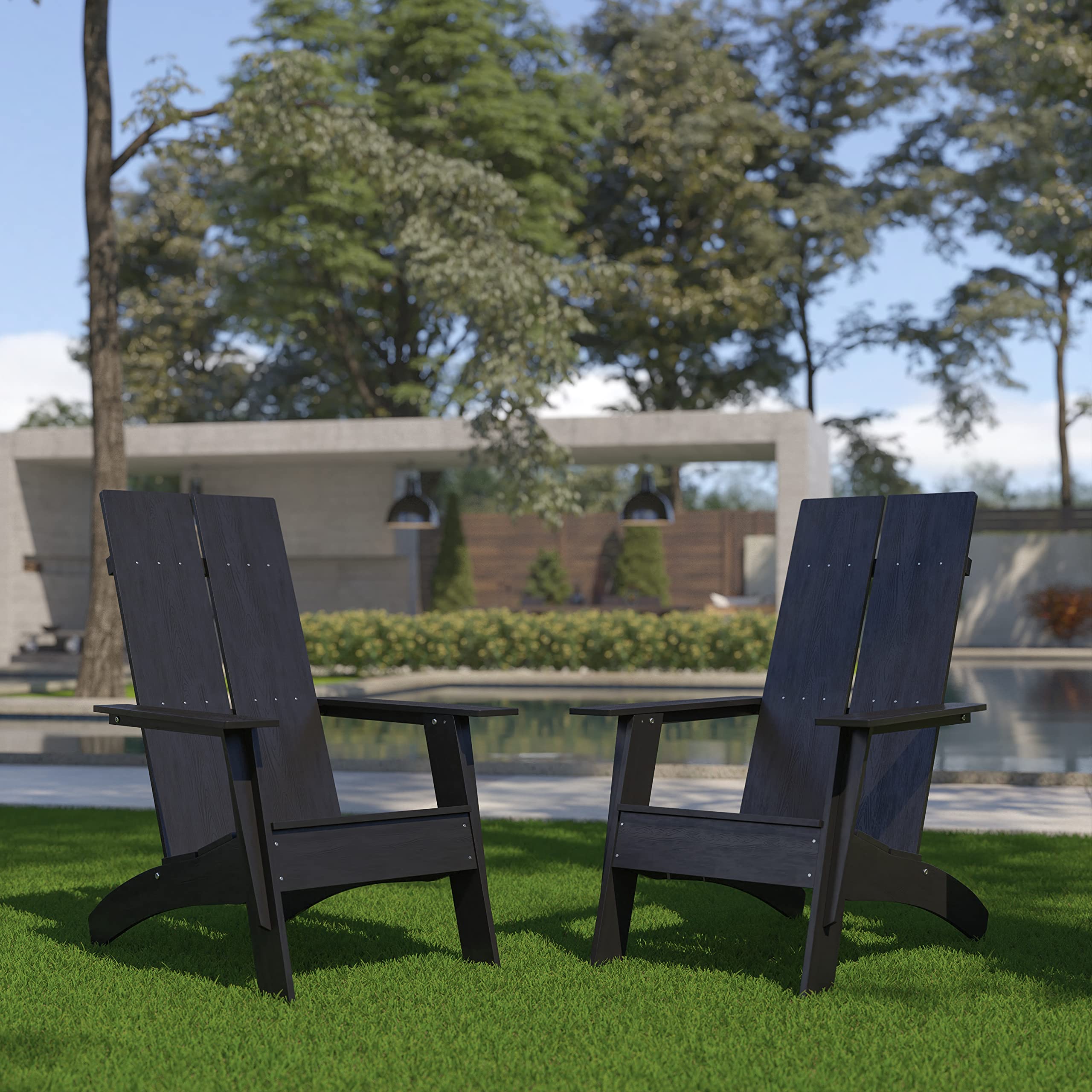 EMMA + OLIVER Set of 2 Black Modern Dual Slat Back Adirondack Chairs for Patio, Garden, Poolside & Indoor Use - Weather-Resistant Outdoor Furniture