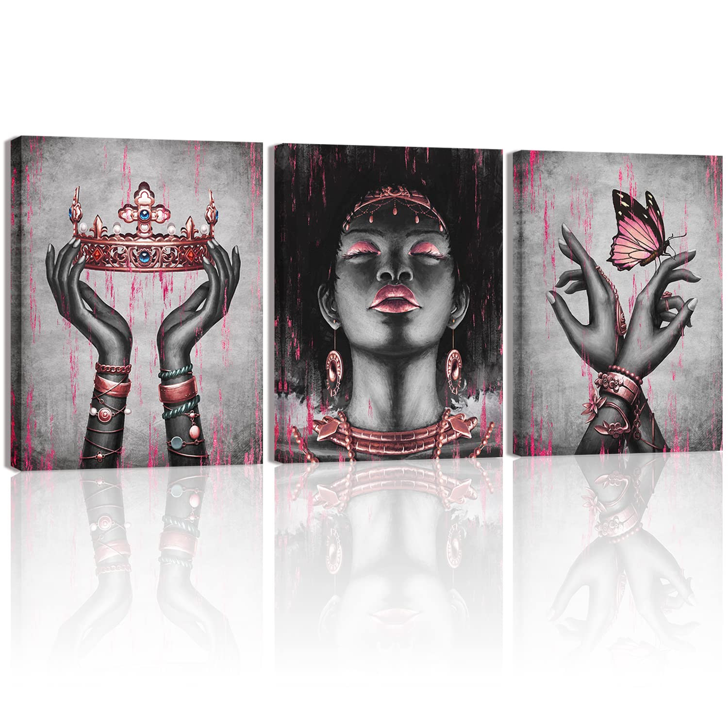 African American Queen Portrait Canvas Wall Art - Black Woman Fashion with Gold Rose Pink Necklace, Bracelet, Crown & Butterfly - Giclee Framed Poster for Living Room, Bedroom, Office & Home Decor