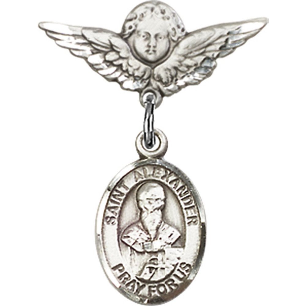 Sterling Silver Baby Badge with St. Alexander Sauli Charm & Angel Wing Pin - 7/8